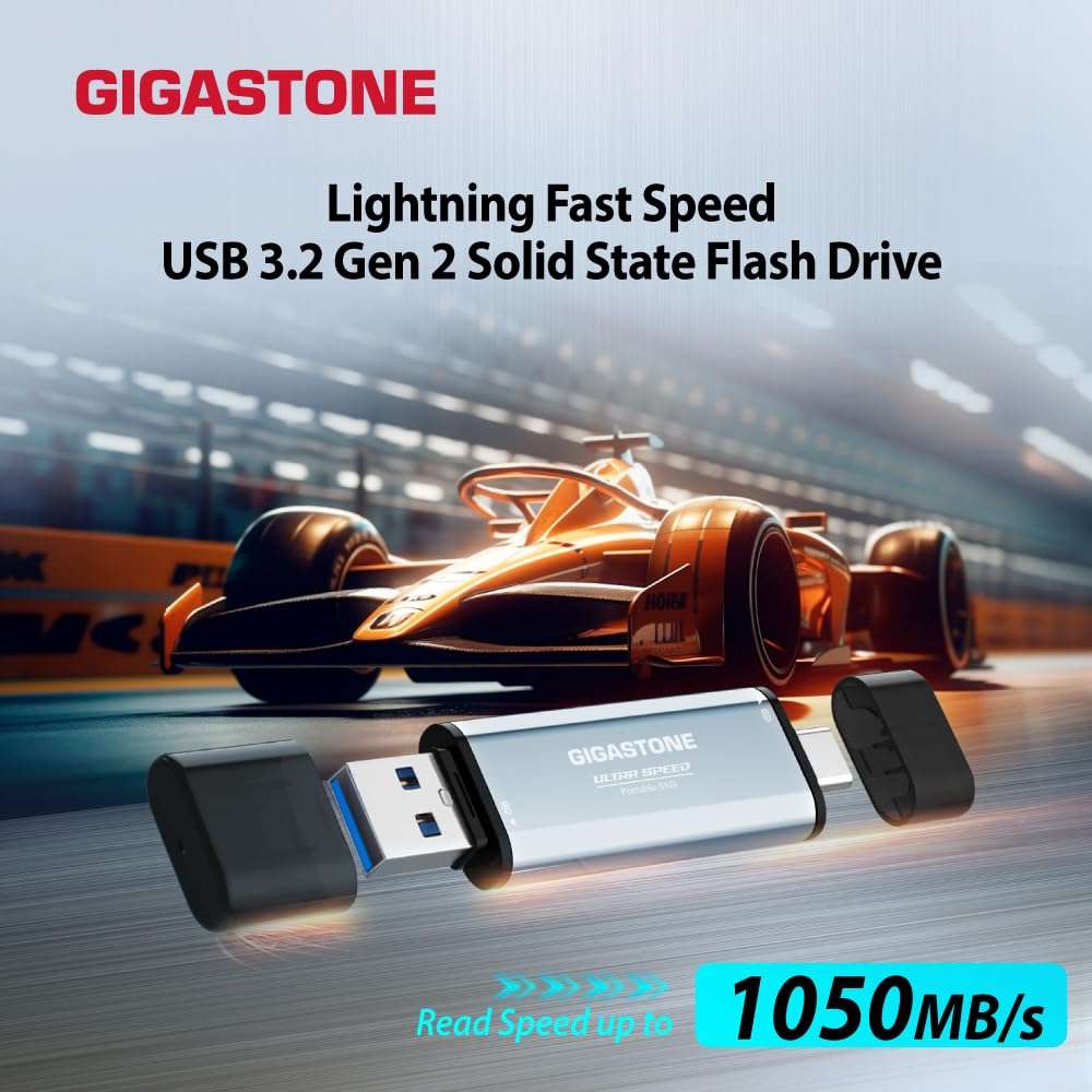 Gigastone Duo Go USB-A+C 1TB Dual External Portable SSD 1,050MB/s Glossy Surface, Supports Apple 4K 60fps ProRes HDR Video Recording USB3.2 Gen 2 for iPhone 16 PS5 Mac iPad Laptop Android 3