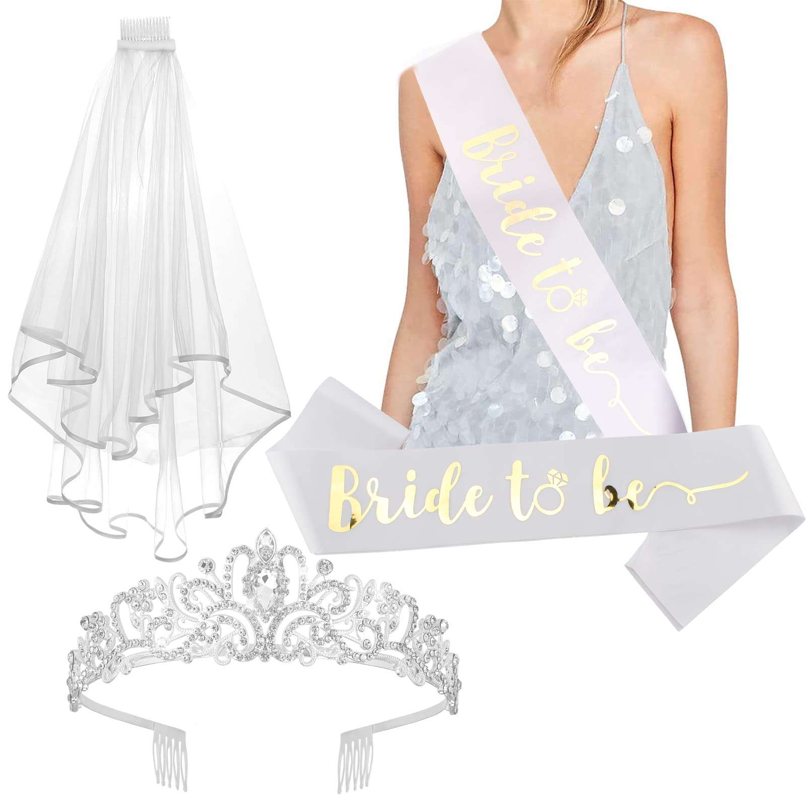 CIEHER 3 Pack Bachelorette Party Decorations - Crystal Crown, Bride To Be Sash & Wedding Veil for Bachelorette Party Favors Bridal Shower Gifts for Bride 1