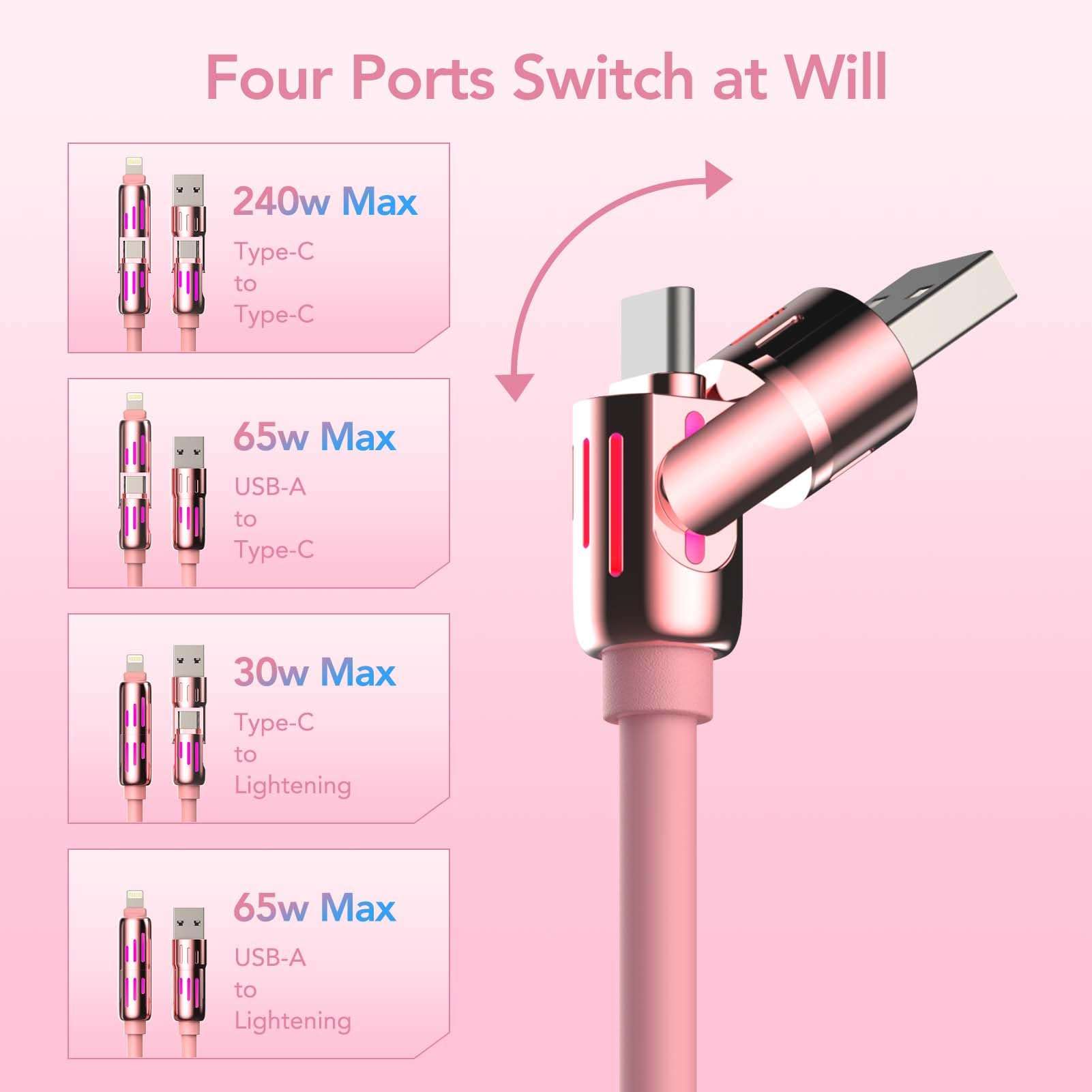 MFish 4-in-1 Multi USB Charging Cable -MAX 240W Fast Charging/Charger Cord with USB A+Type C for iPhone 16/15 14 13 iPad Samsung Galaxy MacBook iPad Tablets and More (Pink, 6.6Ft) 3
