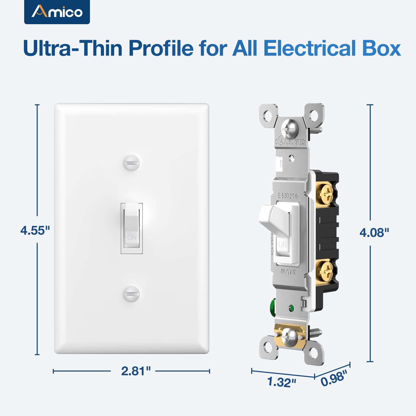 Amico 30 Pack Toggle Single Pole Light Switch Bundle with Wall Plate, UL Listed and Amico 12 Pack Dimmer Light Switch, Single-Pole or 3-Way Slide Dimmer Switches for Led Lights, ETL Listed 5