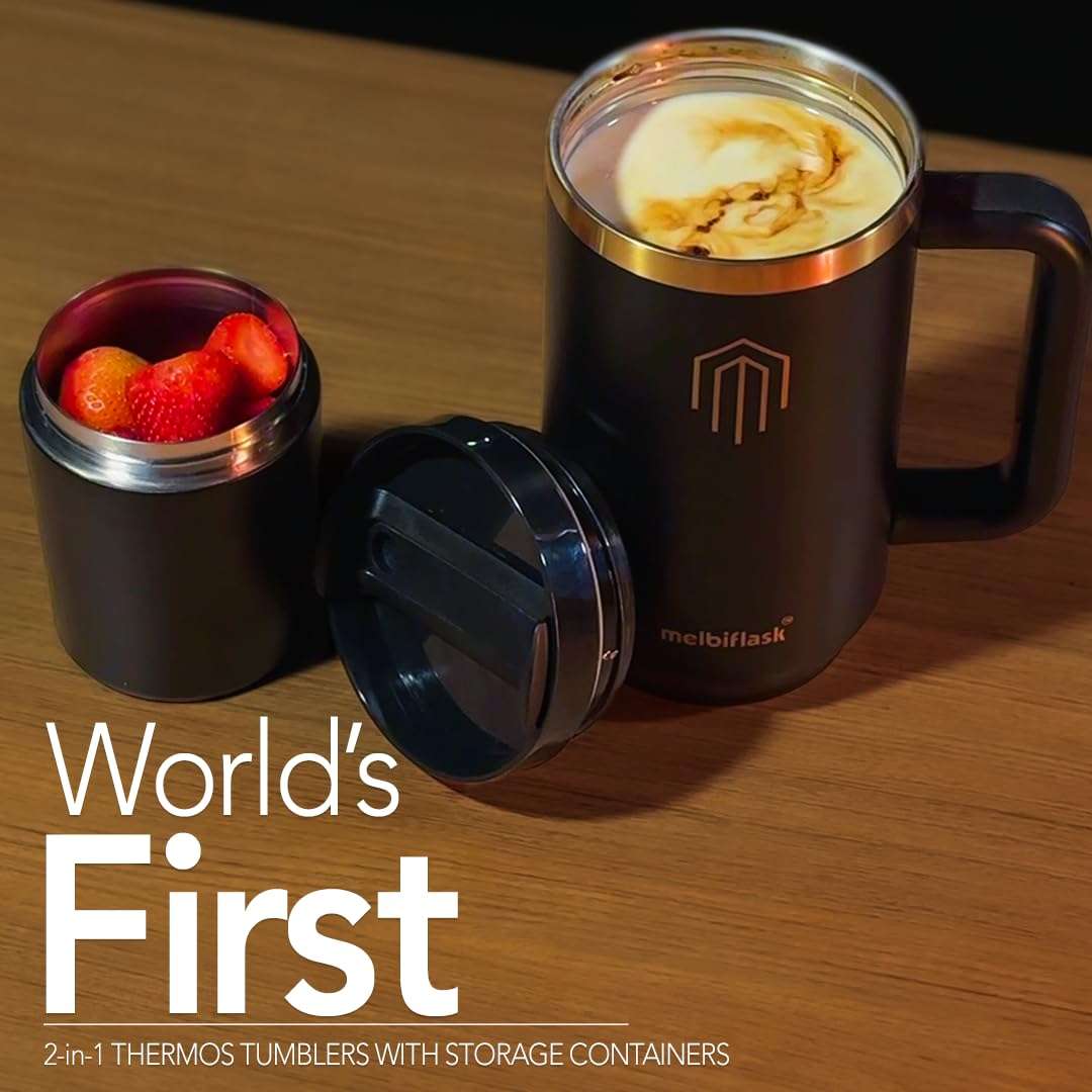 Melbify | 2 in 1 Melbicup Vacuum Insulated Mug with Storage Cup |1200 ML | Gold Rim | Hot 6 Hrs & Cold 12 Hrs | Thermos Mug with Hangle | Dual Sip Lid | Ideal for Travel, Office,Home, Gym & Gifts 6