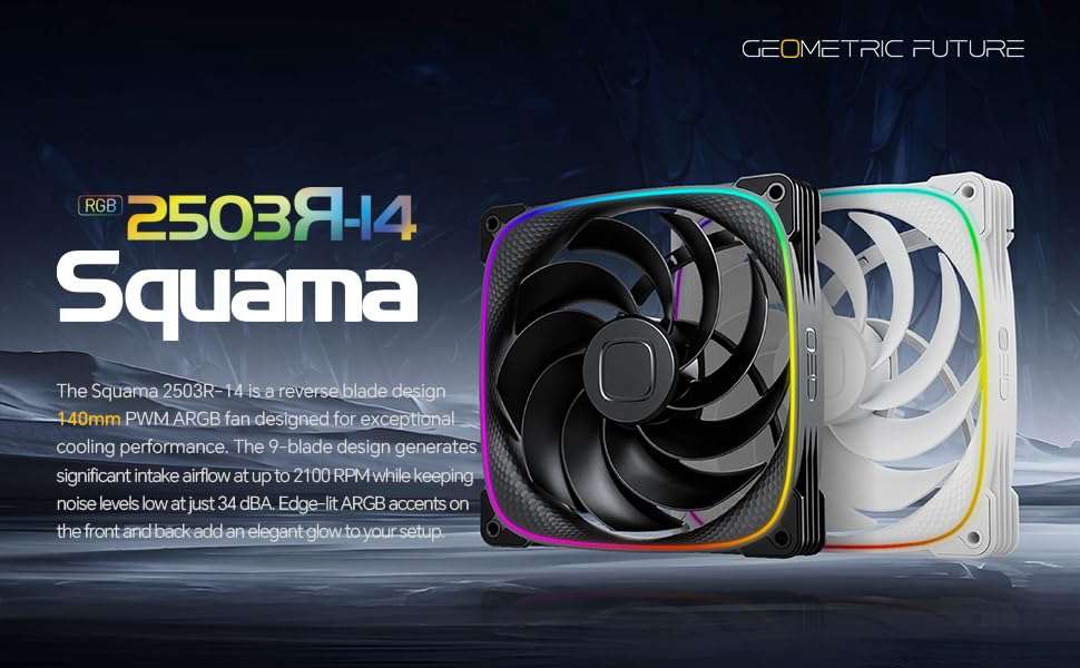 Geometric Future Squama 2503R Reverse Blade RGB PWM Fan - 140mm - 1 Pack – Performance & Silent Balance - Dual Lighting Loop - 5V 3pin addressable RGB - 4pin PWM - Black(GEO-S2503RB-14S) 3