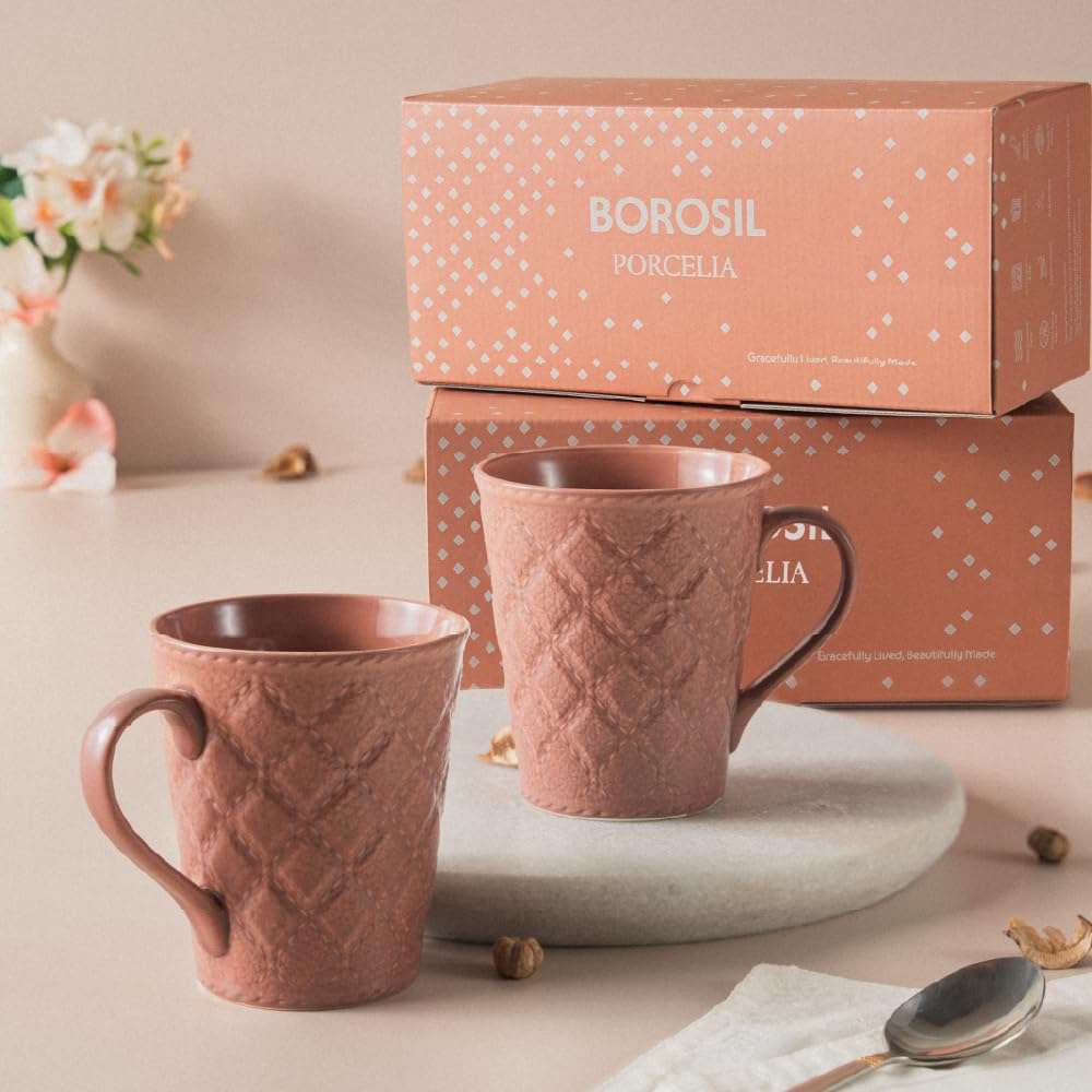 Borosil Porcelia 350 ml x 2pc Velvetto Merlot Tea/Coffee Mug Set | Porcelian Everyday Use Cups | Elegent Embossed Designs | Microwave & Dishwasher Safe Crockery for Gifting & Dining