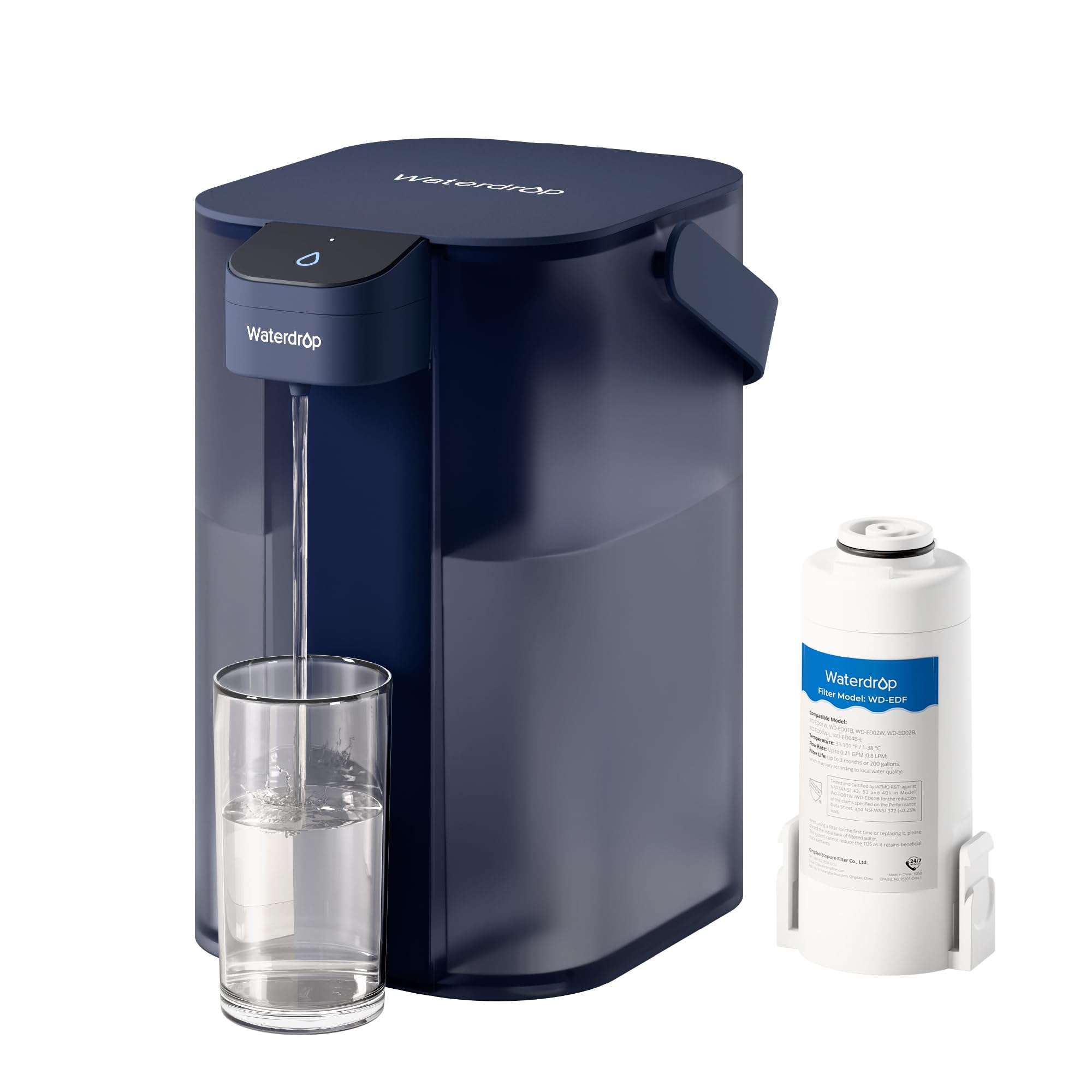 Waterdrop Electric Water Filter Pitcher, Rechargeable Water Dispenser, Instant 200-Gallon 15-Cup Countertop System, NSF/ANSI 401&53&42&372, Reduce PFAS, Lead, Chlorine, Blue, Does not Lower TDS 1