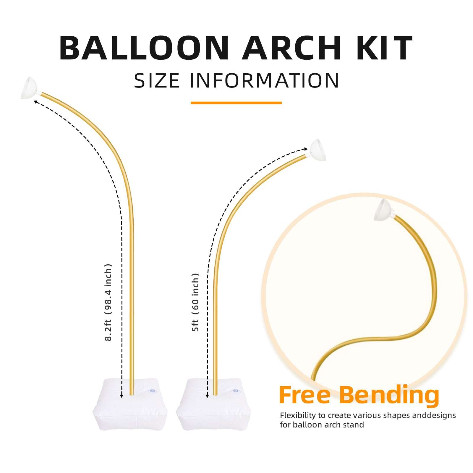 JINSENHUI 8FT & 5FT Gold Balloon Stand Kit, Free Bending Balloon Arch Column, Half Arch Balloon Stand with Base for Wedding, Birthday, Baby Shower, Graduation, and More 3