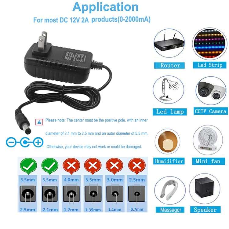 12 Volt 2A Power Adapter Supply, AC 100-240V to DC 12 V Power Supply Transformer Charger Wall Plug for DC12V Light Security CCTV Camera, Black, 8x5x3.3 cm 6