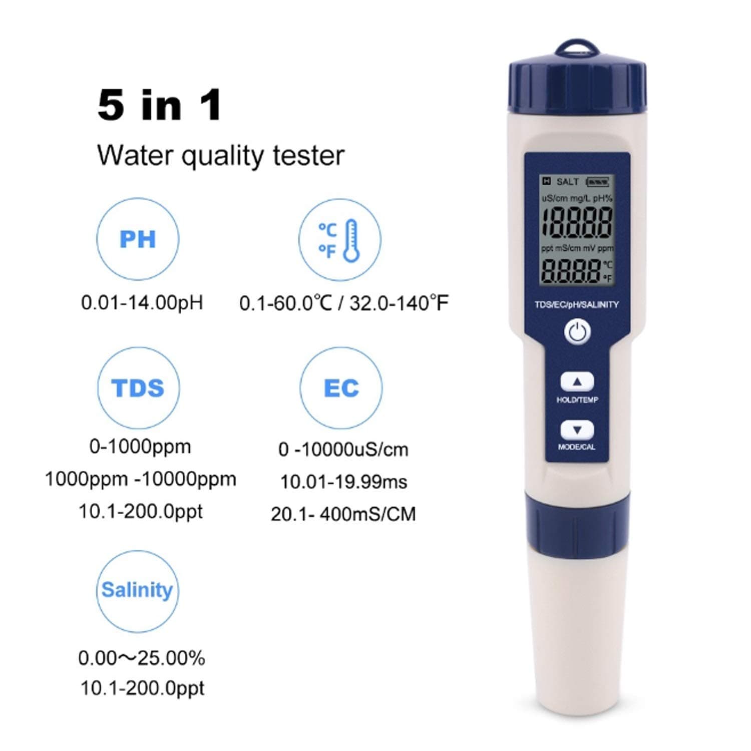 KANJJ-YU Water Quality Tester Digital Tester 5 in 1 TDS/EC/PH/Salinity/Temperature Meter Digital Water Quality Monitor Tester for Pools, Drinking Water, Aquariums Measuring Tool 2