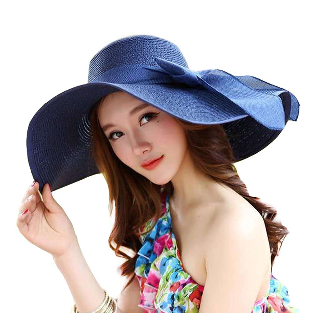 Women's Folable Floppy Hat,Wide Brim Sun Protection Straw Hat, Summer UV Protection Beach Cap(Navy Blue) 4