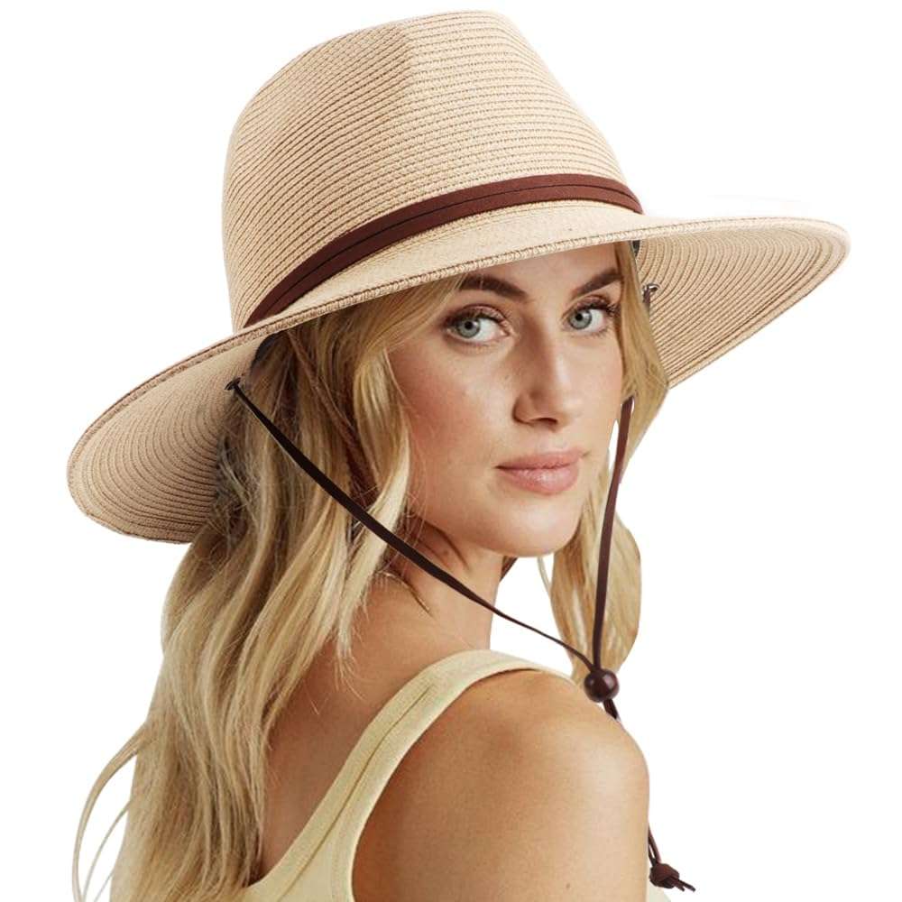 DRESHOW Womens Summer Straw Sun Hat Wide Brim Bucket Hats Fedora Hat Panama Beach Hat with Chin Strap UPF 50+ 1