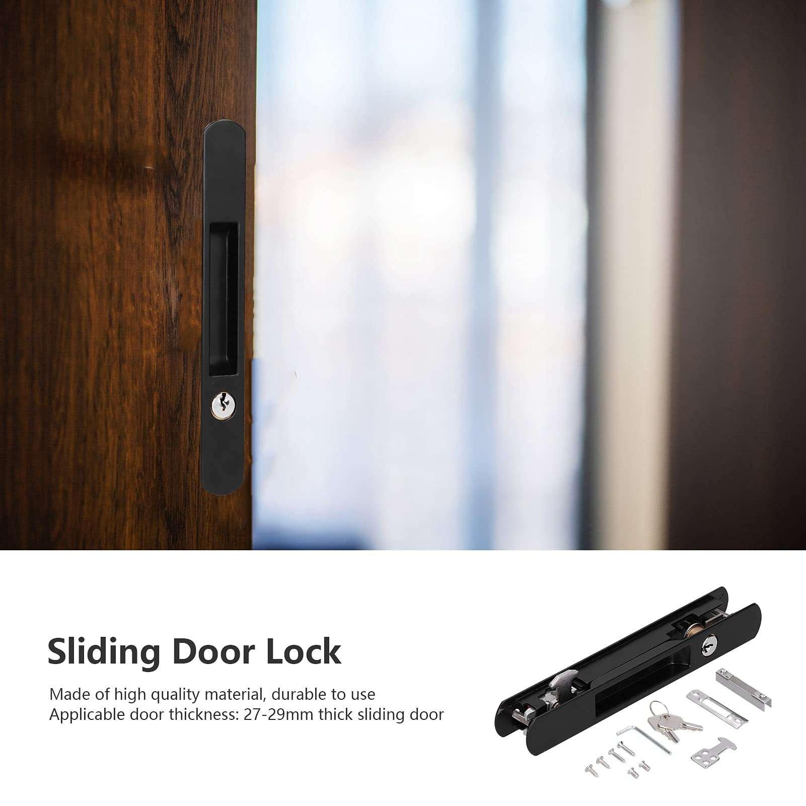 Sliding Door Lock Black Copper Zinc Alloy Lock Furniture Hardware,Sliding Door Lock with Key, for Balcony Door,for 27‑29mm Thick Sliding Doors and Window, barn Door Lock Pocket Door Lock Sliding 3