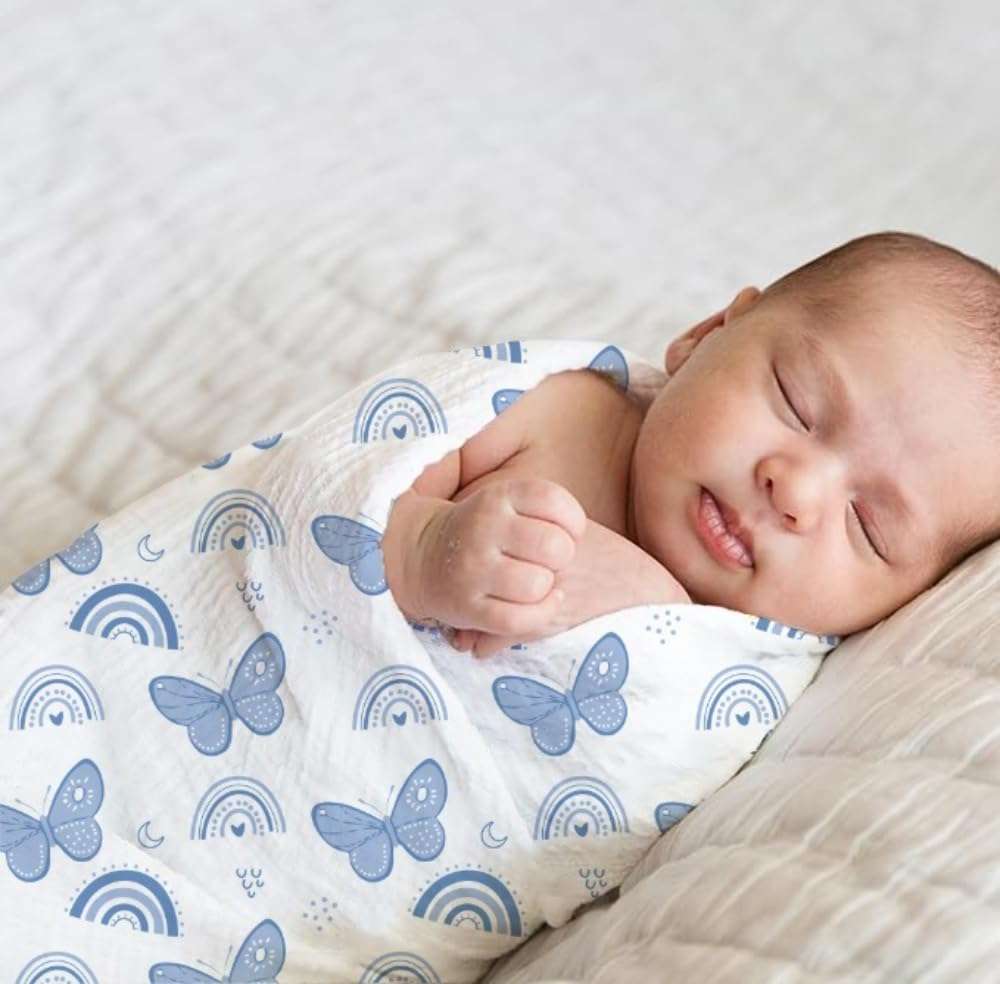 KISEKI Soft 100% Cotton Muslin Swaddle Blanket – 120 × 120 cm – Lightweight & Breathable Baby Wrap (Blue Butterfly) 5