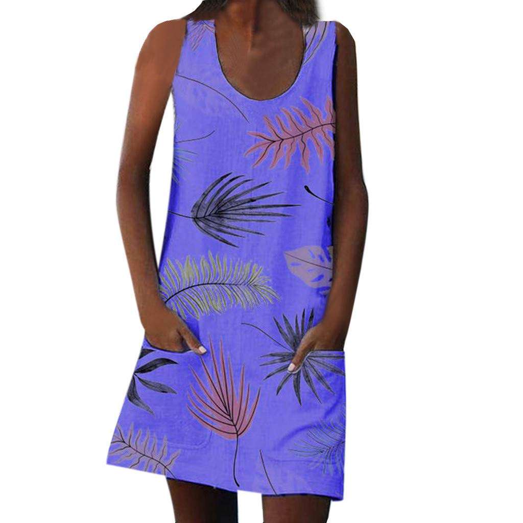 Womens Camisole Dresses Summer Sleeveless Bohemian Leaf Printed Pockets Sundress Casual A-Line Short Skirts (L, Purple)