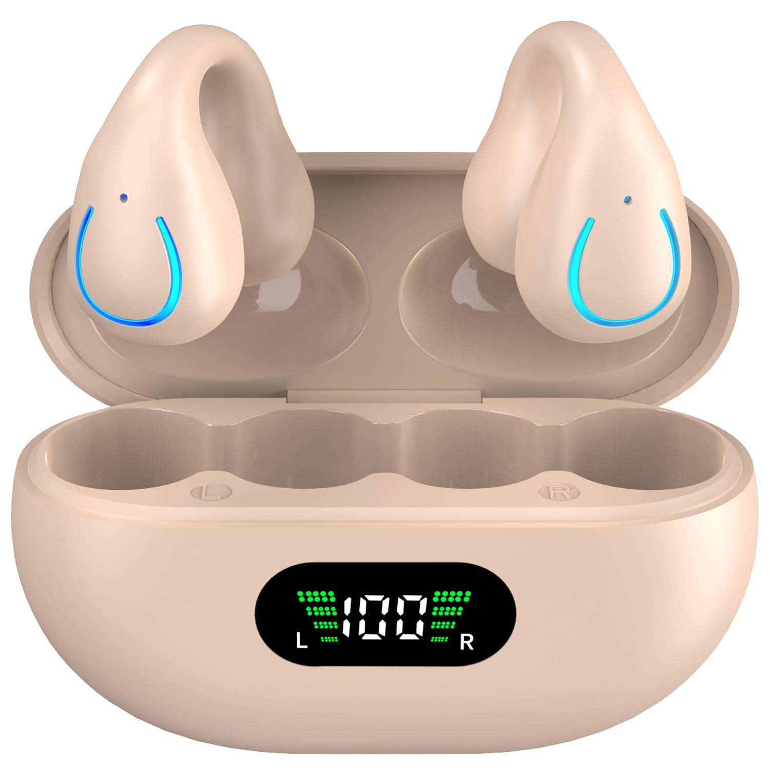 Open Ear Bone Conduction Headphones Wireless Clip On Earbuds with Digital Display Charging Case 60 Hours Playtime Bluetooth 5.3 Sport Earphones Built-in Mic IPX7 Waterproof for Running（Khaki Color） 1