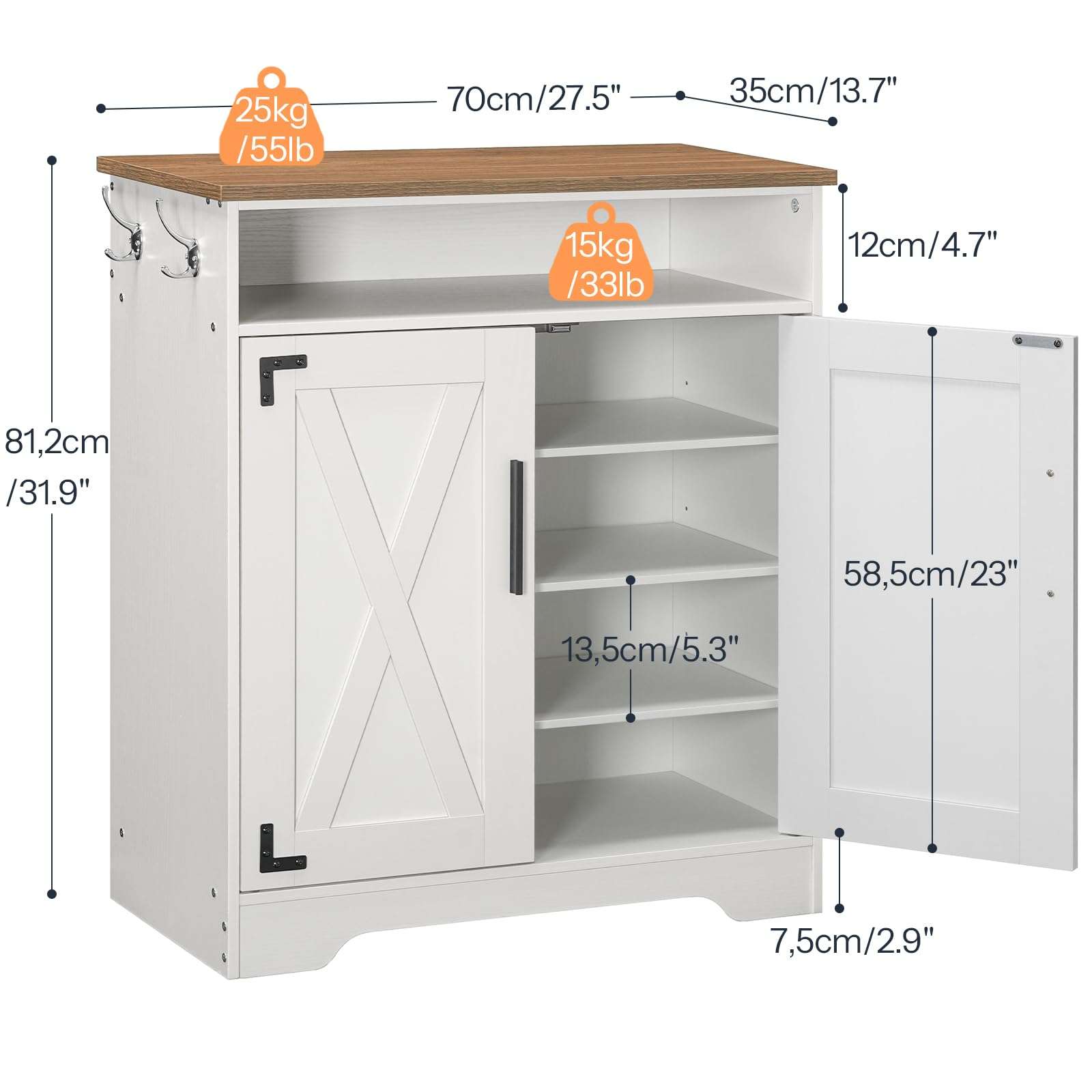 HOOBRO Shoe Cabinet, Farmhouse Shoe Storage Cabinet, Shoe Organizer Cabinet with Hooks and Adjustable Shelves, Shoe Cabinet Storage for Entryway, Living Room, White and Walnut WH16SC01 4