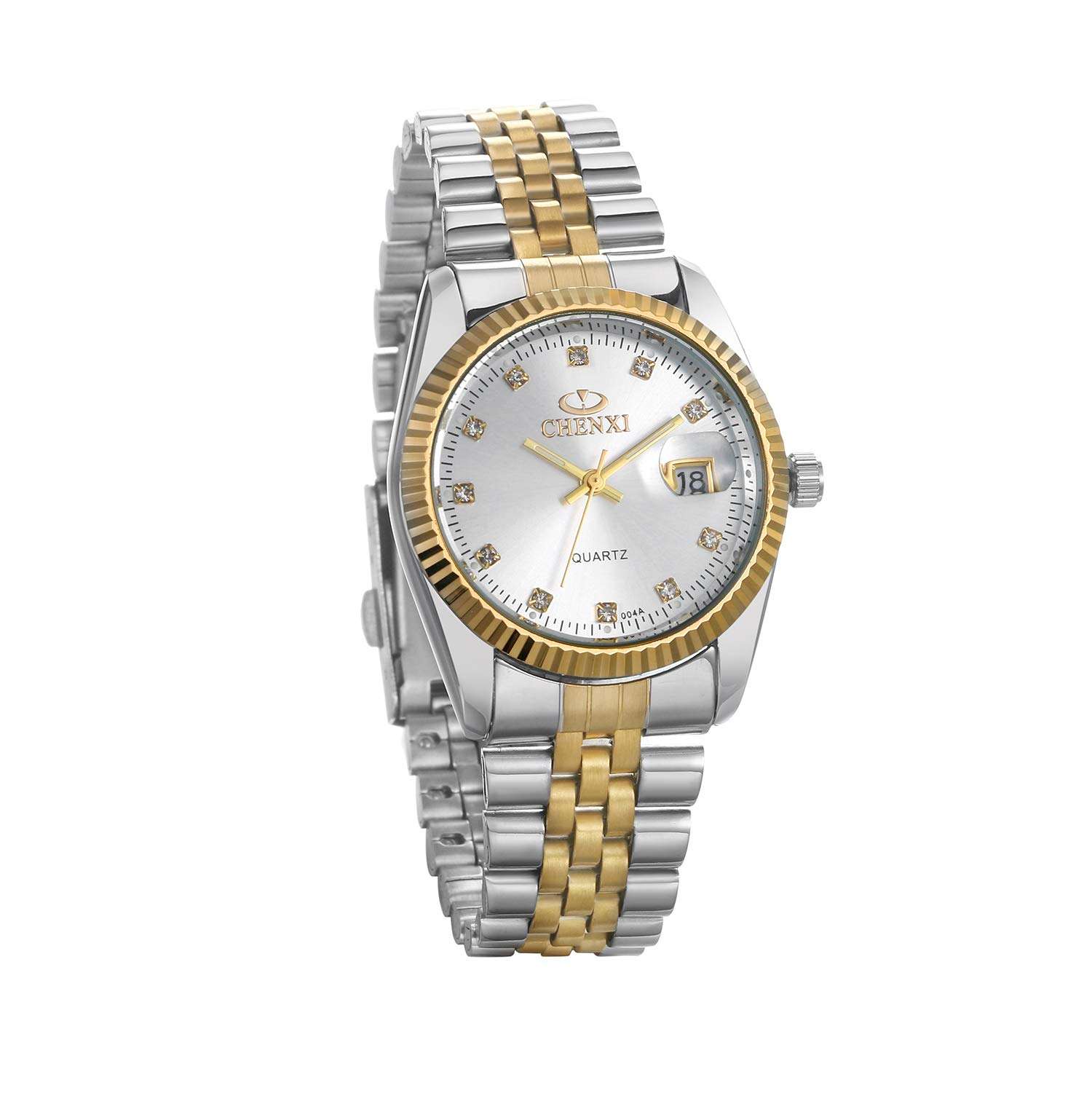 JewelryWe Luxury Couple Watches Gold-Silver Tone Stainless Steel Quartz Calendar Wristwatch Rhinestone His and Her Watch Set 1