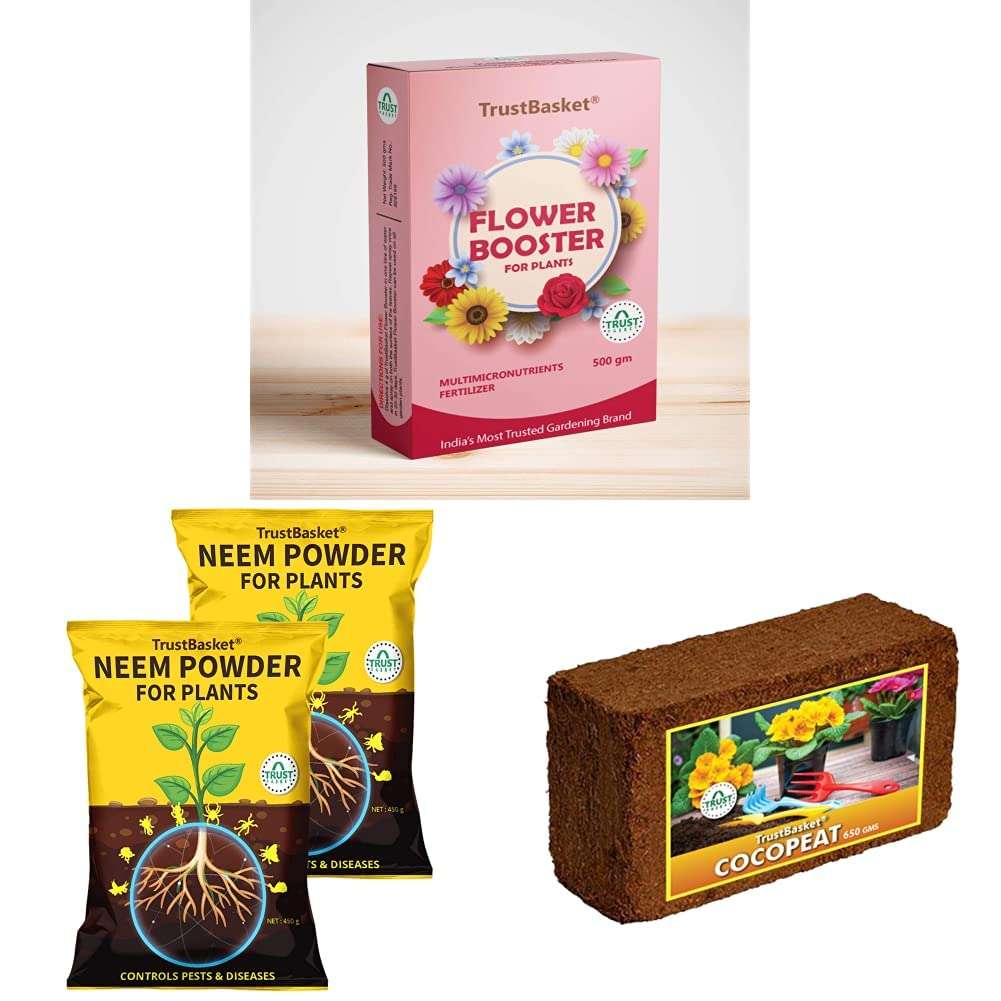 Trust Basket Flower Booster, 500 Gm&Trust Basket Neem Cake Powder Organic Fertilizer and Pest Repellent for Plants (450 GMS) - Set of 2&Trust Basket Cocopeat Block - 650gm 1