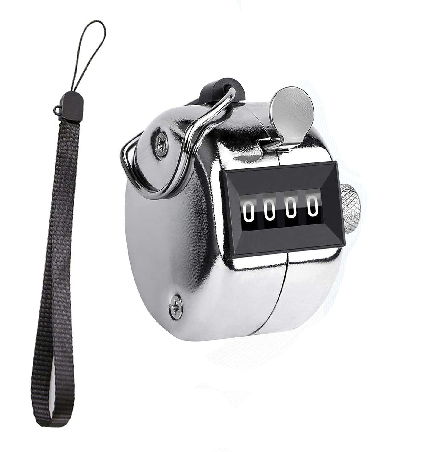 ZRAMO Metal Hand 4-Digit Tally Clicker Counter, Palm Clicker Digital Handheld Pitch Click Counter Number Count for Row, People, Golf, Lap & Knitting, Silver with Nylon Lanyard (1 PCS) 1