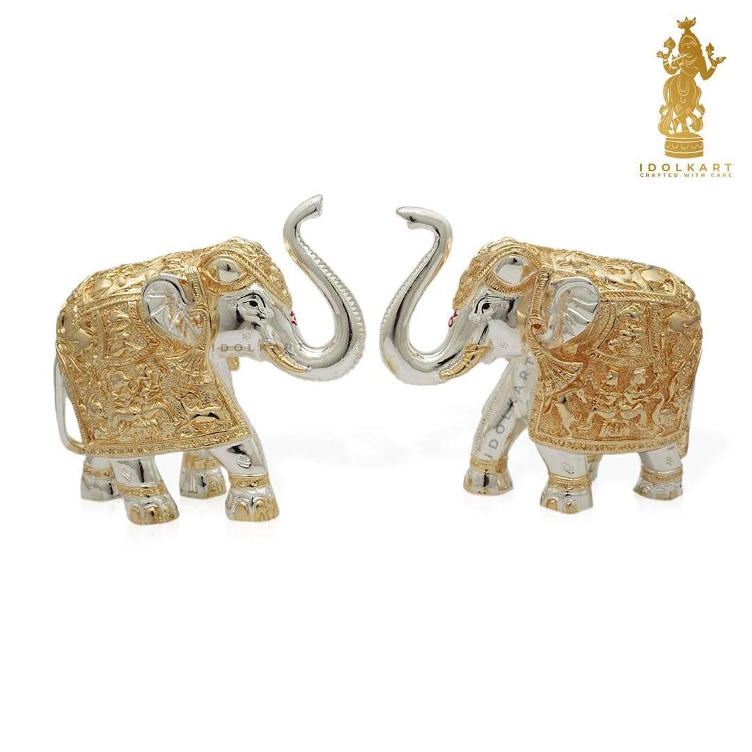 Idolkart Pure Gold & Silver Coated Elephant Showpiece - Elephant Decorative Items for Home - Elephant Statue for Good Luck, Pooja - Two Vastu Elephants - 3 inch (Set of 2 Elephants), Vastu Idols 5