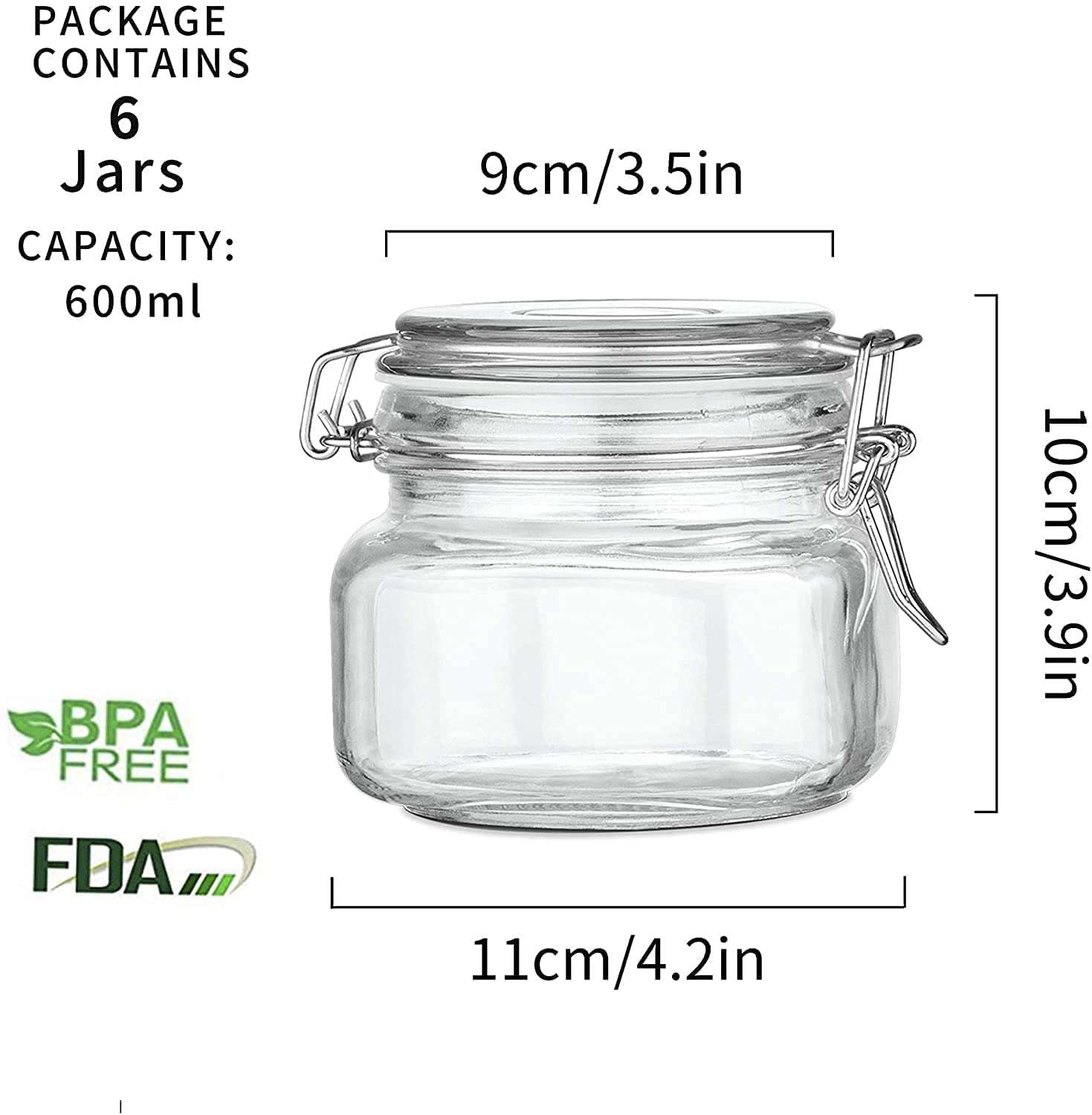 PLUZNIQ® 500ml Square Glass Jars With Airtight Lids, Mason Jars, Glass Jars With Leak Proof Rubber Gasket, Storage Jars With Hinged Lid for Home and Kitchen (1 PCS) 6