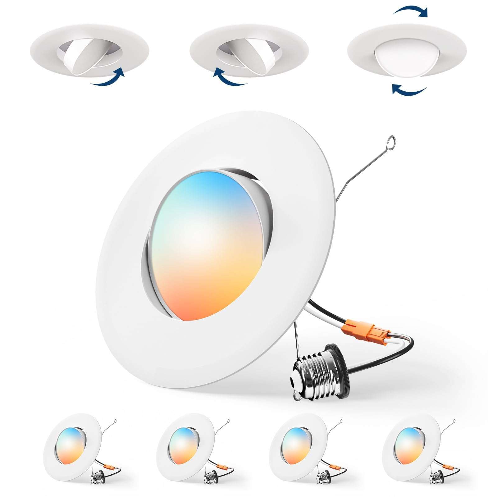 Amico 4 Pack 6 Inch Retrofit Eyeball Gimbal Can Lights, Adjustable Eyeball Directional 5CCT LED Recessed Lights, Dimmable, 2700K/3000K/3500K/4000K/5000K Selectable, 7W 650LM, ETL&FCC 1