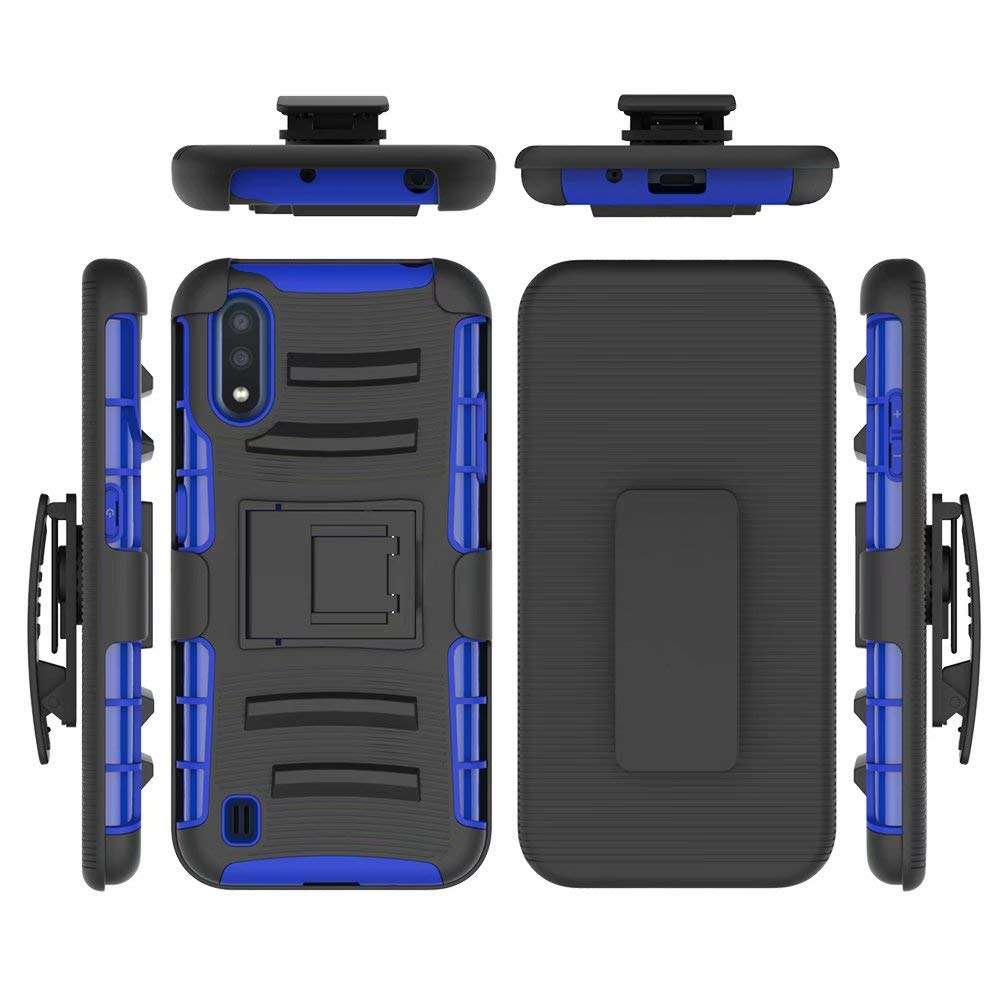 for Samsung Galaxy A01 (SM-A015F SM-A015V A015M), Case + Tempered Glass Sceeen Protector, Anti-Slip Shockproof Rugged Belt Clip Holster Heavy Duty Hybrid Tough Armor Case w/h Kickstand (Blue) 1
