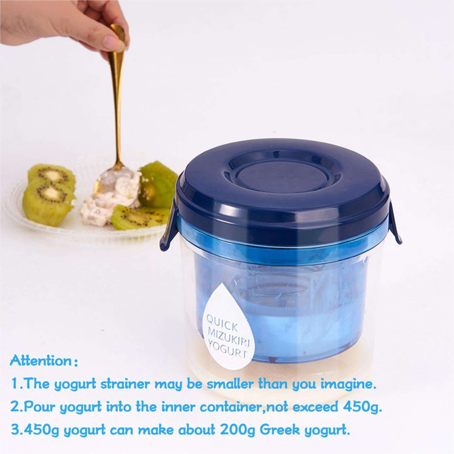 Generic Greek Yogurt Strainer with Lid.Yogurt Filter with Ultra Fine Mesh,to Makes small batches(450g) of Thick Creamy Greek or Coconut Yogurt, 5.12*5.12*5.12inch, Clear and bule 5
