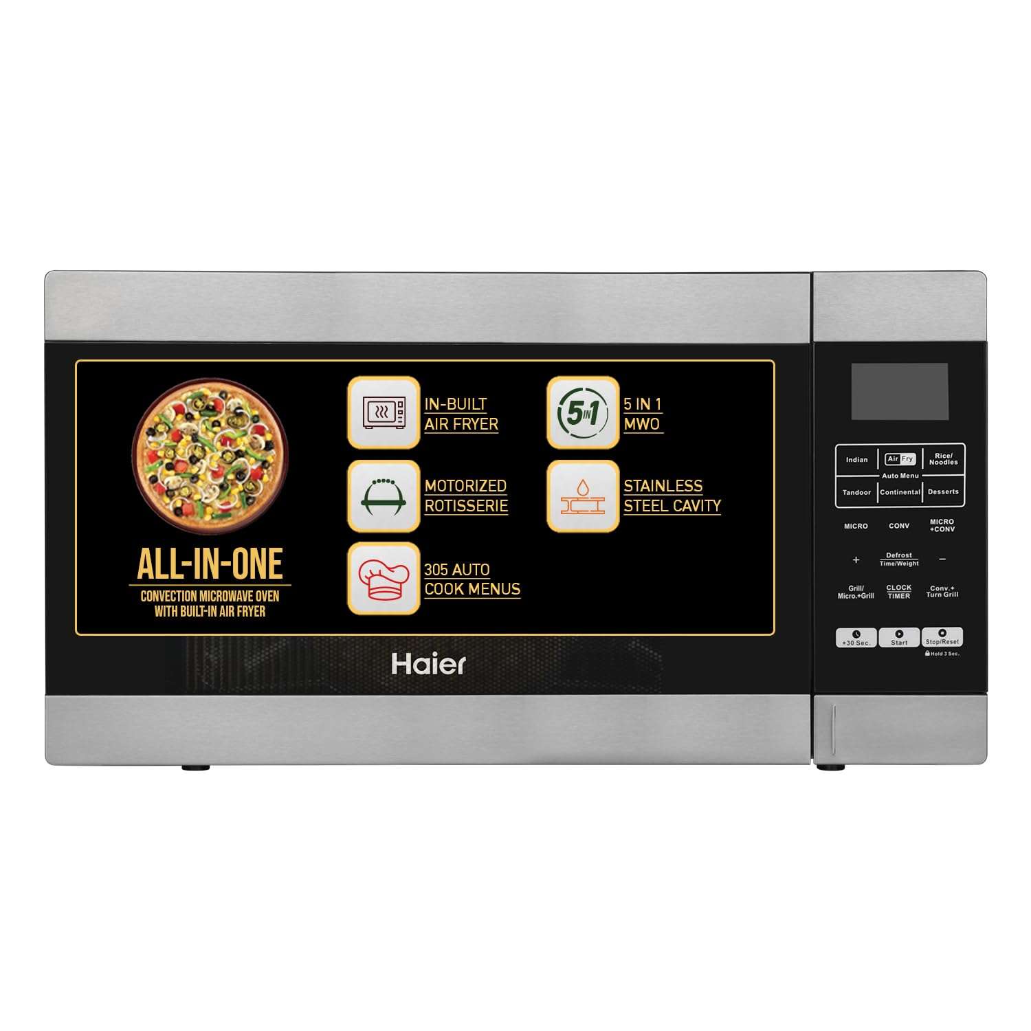 Haier 30L Convection Microwave Oven (HIL3001ARSB, Black) with In-Built Air Fryer | Motorized Rotisserie | Stainless-steel Cavity | 5 In 1 Microwave oven 1