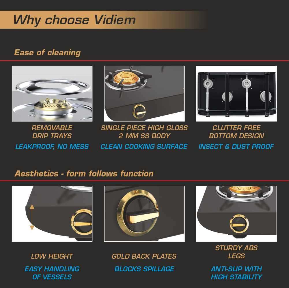 Vidiem 4 Burner ZZ Gas Stove - Tusker Gold Black | Manual Ignition | High-Efficiency Brass Burners | GI Rust-Proof Body | Frameless Design | 5-Year Warranty | Cooktop for Indian Cooking 6
