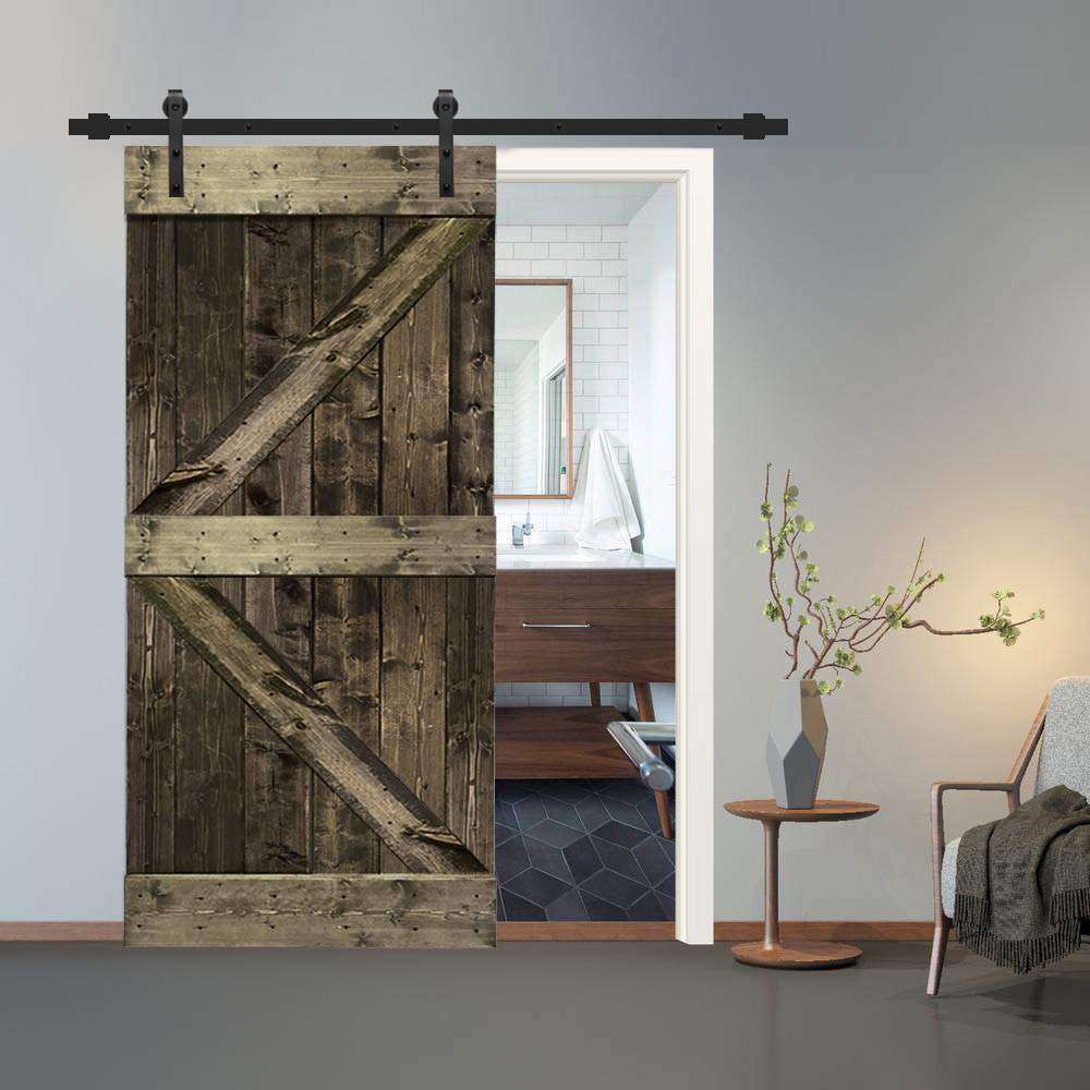 TMS K Series Stained Solid Knotty Pine Wood Interior Sliding Barn Door with Sliding Hardware Kit (84" X36", Espresso) 2