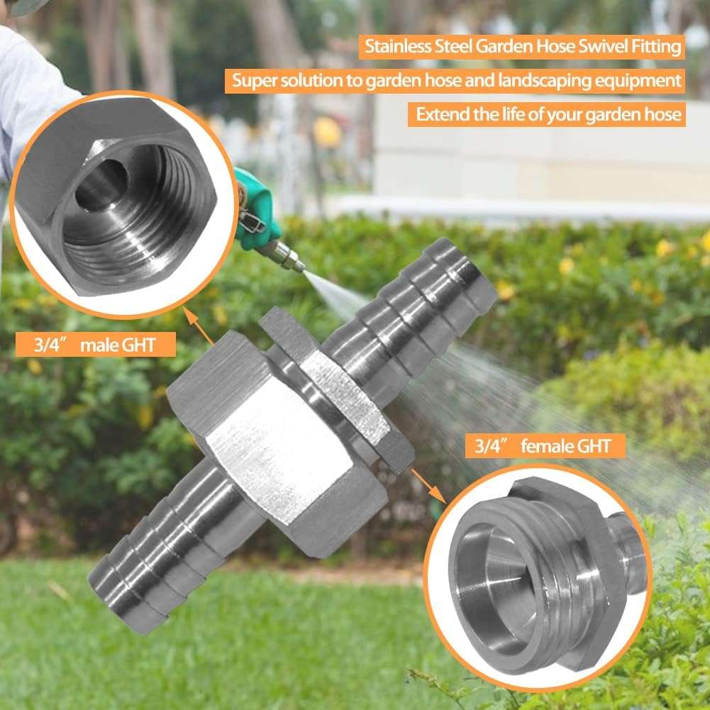 Fitvell Stainless 3/8" Hose Barb x 3/4" Male GHT Garden Water Hose Connector Repair Fitting for Boat Lawn Power Wash Irrigation 5