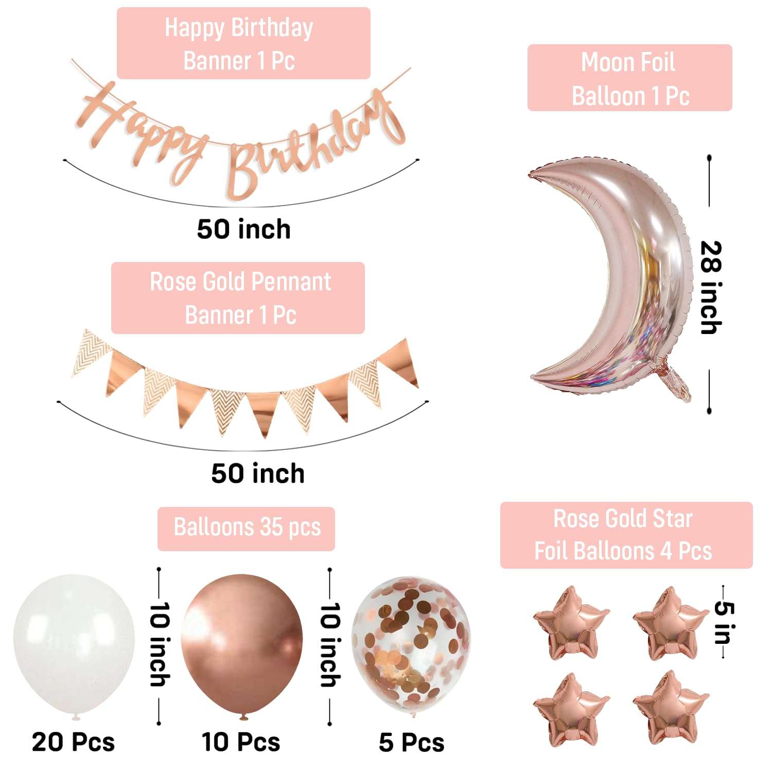 Party Propz Birthday Decoration Kit for Girls – 42 Pcs Rose Gold Birthday Decoration Kit with Foil Balloons, Happy Birthday Banner & Rose Gold Balloons for Decoration (Latex, Cardstock, Foil) 3