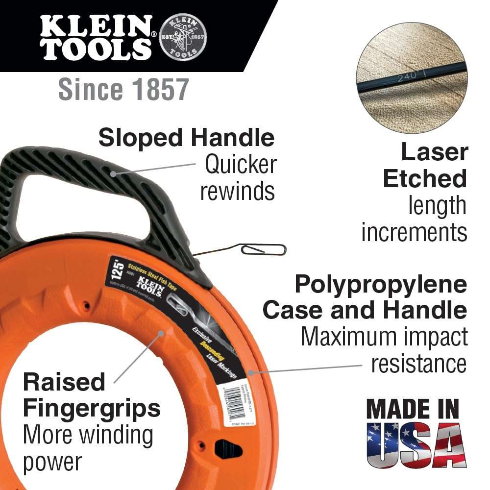 Klein Tools 56001 Fish Tape, 50-Foot Long x 1/8-Inch Wide Steel Pull Line, for Heavy Duty Wire Pulls, Updated Model Cat. No. 56331 Available 2