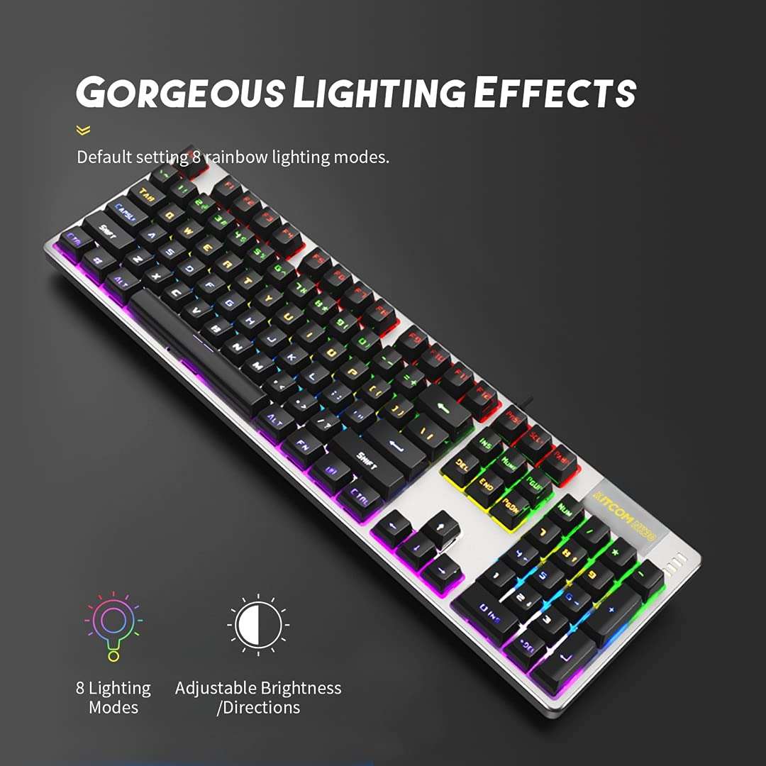 Kitcom NK30 Full Size Mechanical Gaming Keyboard with LED Rainbow Backlit, Anti Ghosting USB Wired Keyboard with Brown Switch Double-Shot Key caps, Ergonomic design, for Windows PC Gamers, 104 Key 3