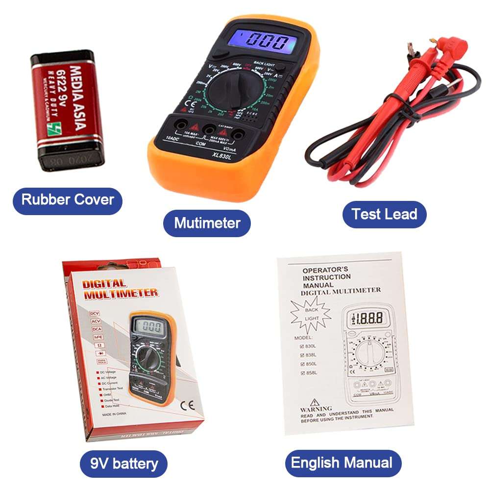 XL830L Pocket Digital Multimeter 2000 Counts Voltage Tester Home Measuring Tools Multi-Tester Test AC/DC Current, Resistance, Continuity, Frequency Backlight LCD Display with Battery 6