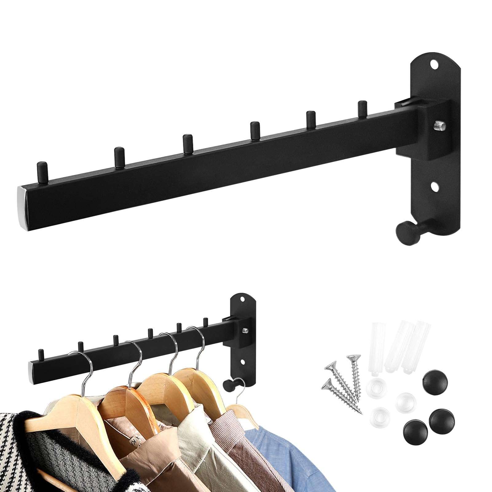 KKONHII Folding Wall Mounted Clothes Hanger Rack with Stainless Steel Heavy Duty Coat Hooks, Space Saving Clothing Hanging System Closet Storage Organizer for Bathroom Bedroom Laundry Room