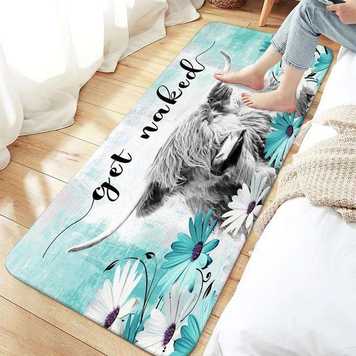 Bcsewcg Get Naked Bath Mat for Bathroom, Farmhouse Highland Cow Non-Slip Bathroom Rug,Teal Floral Western Cow Bath Mat,Bathroom Accessories 5