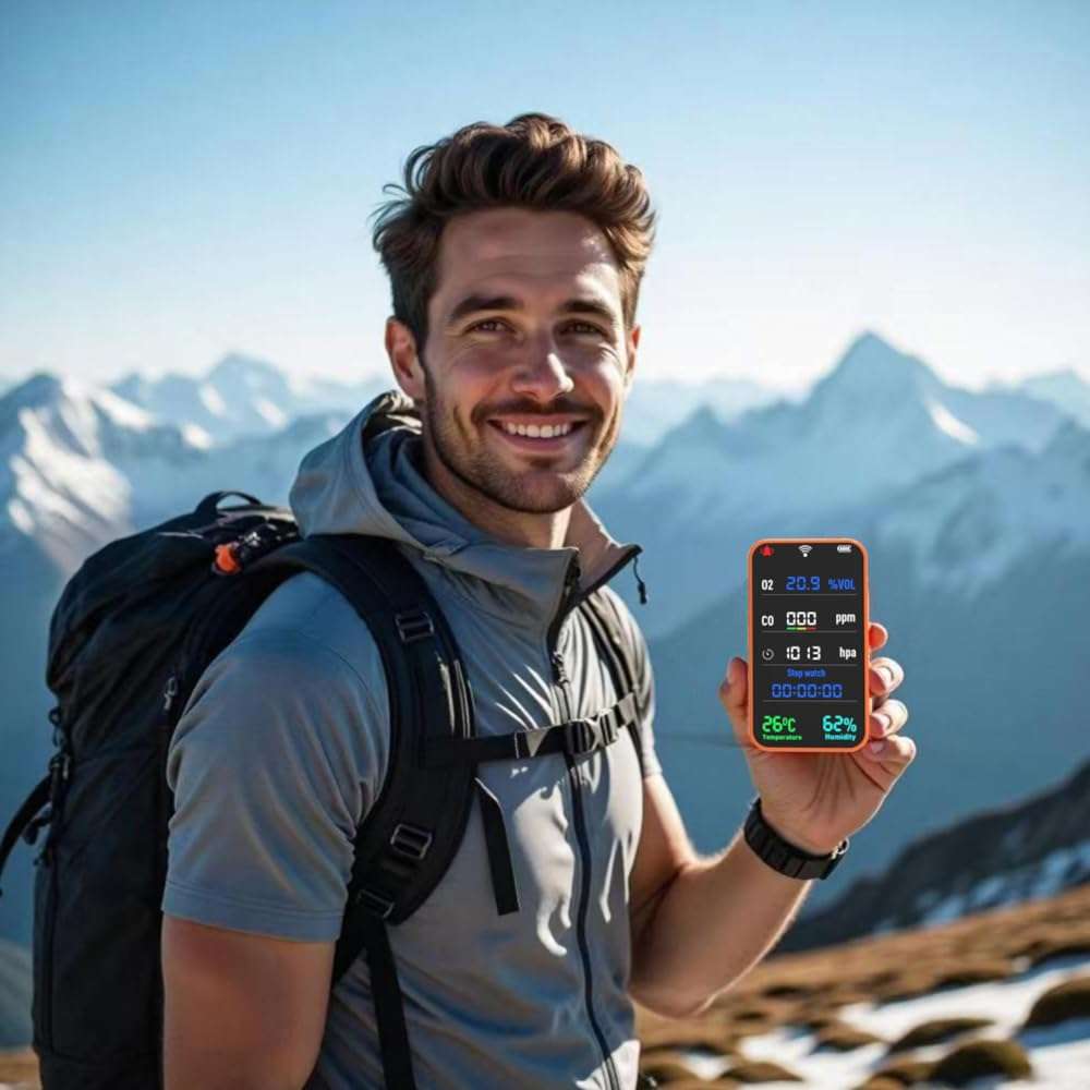 7-in-1 Portable Sensor for O2 | CO | Air Pressure | Temperature | Humidity Detection - 3000mAh Rechargeable Battery, SD Card, Built-in Flashlight & Stopwatch, Portable Gear for Hiking, Camping, RVs 5