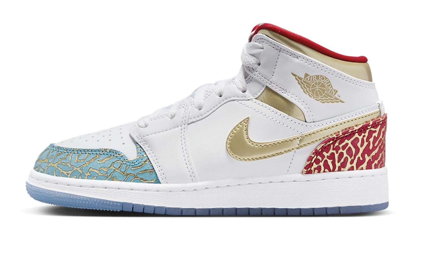Jordan Boy's Air 1 Mid (Big Kid) White/Metallic Gold/University Red/Blue Lightning/Wolf Grey 4.5 Big Kid M