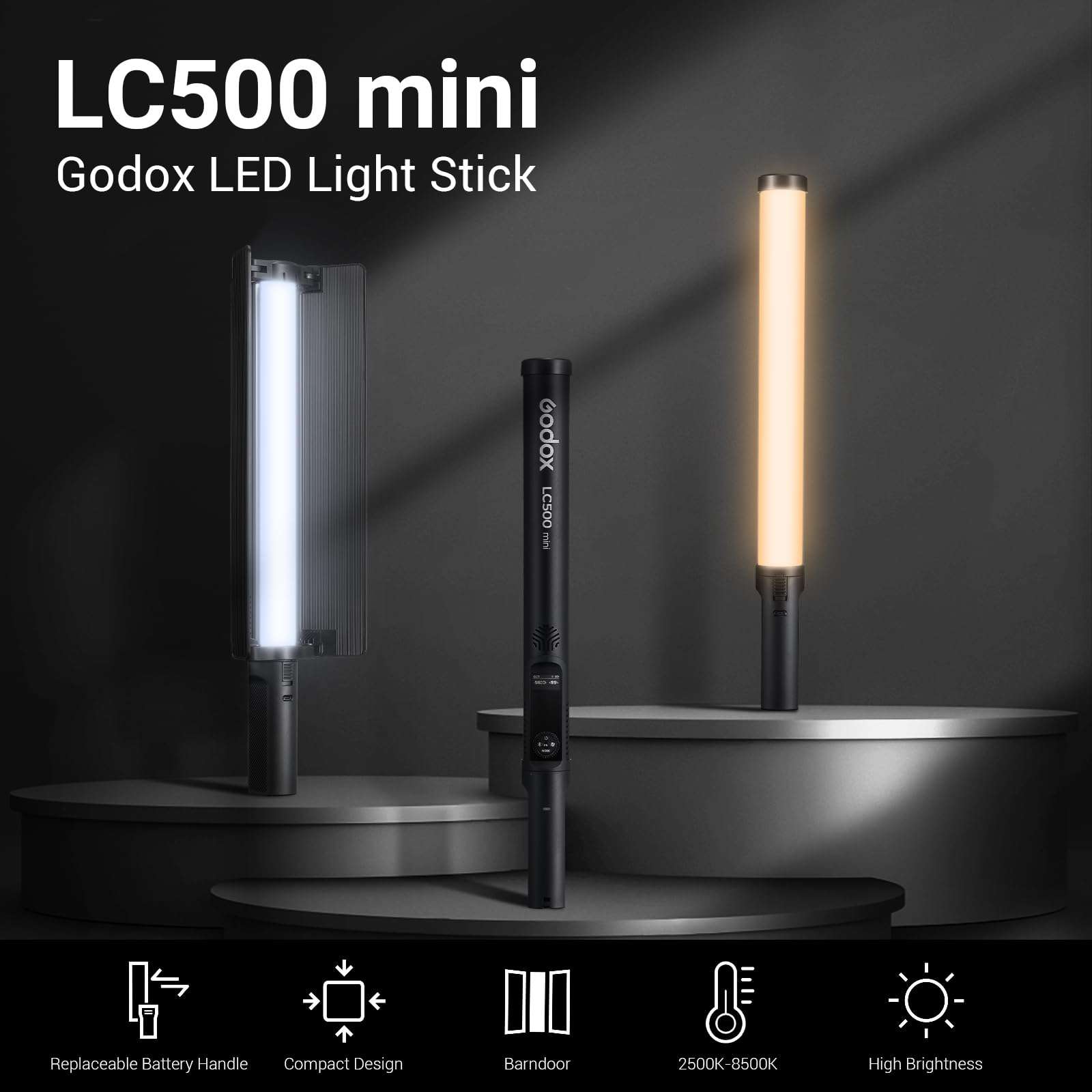 Godox LC500 Mini LED Light Stick Lighting, Bi-Color 2500K-8500K Adjustable, CRI 95 TLCI 96 Accurate Color, 11 FX Lighting Effects, Handheld Fill Light Photography, 0-100% Dimmable Support APP Control 2
