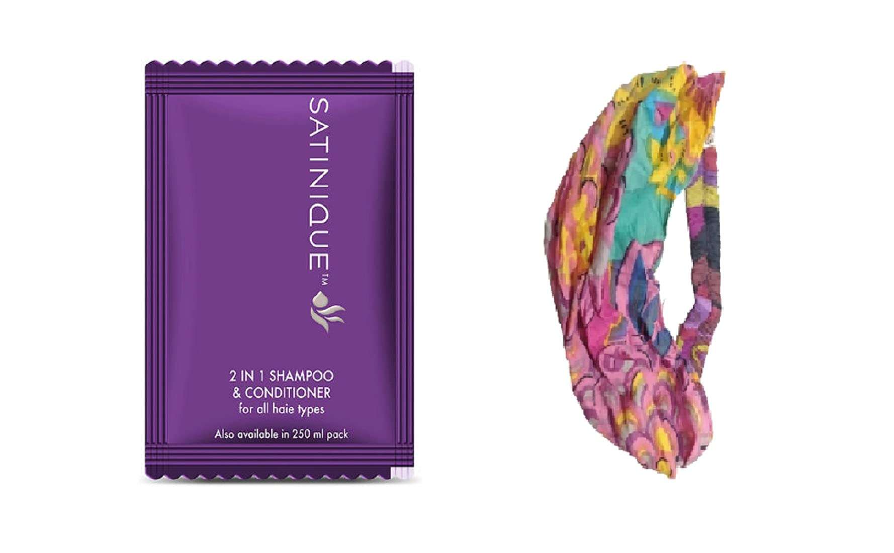 Amway - SATINIQUE 2-in-1 Shampoo and Conditioner Sachets (30 sachets in a box) and multicolor head band for girls/women - combo