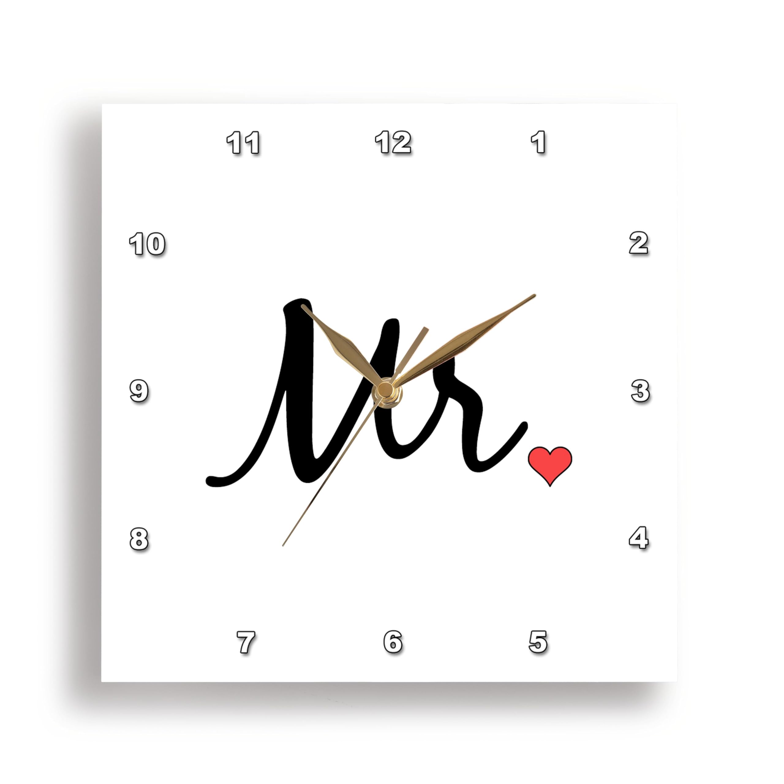 3dRose Wall Clock Silent - 10 inch - Mr with Little red Heart. Cursive Black Lettering on White Background. - Stamp City - Typography 2