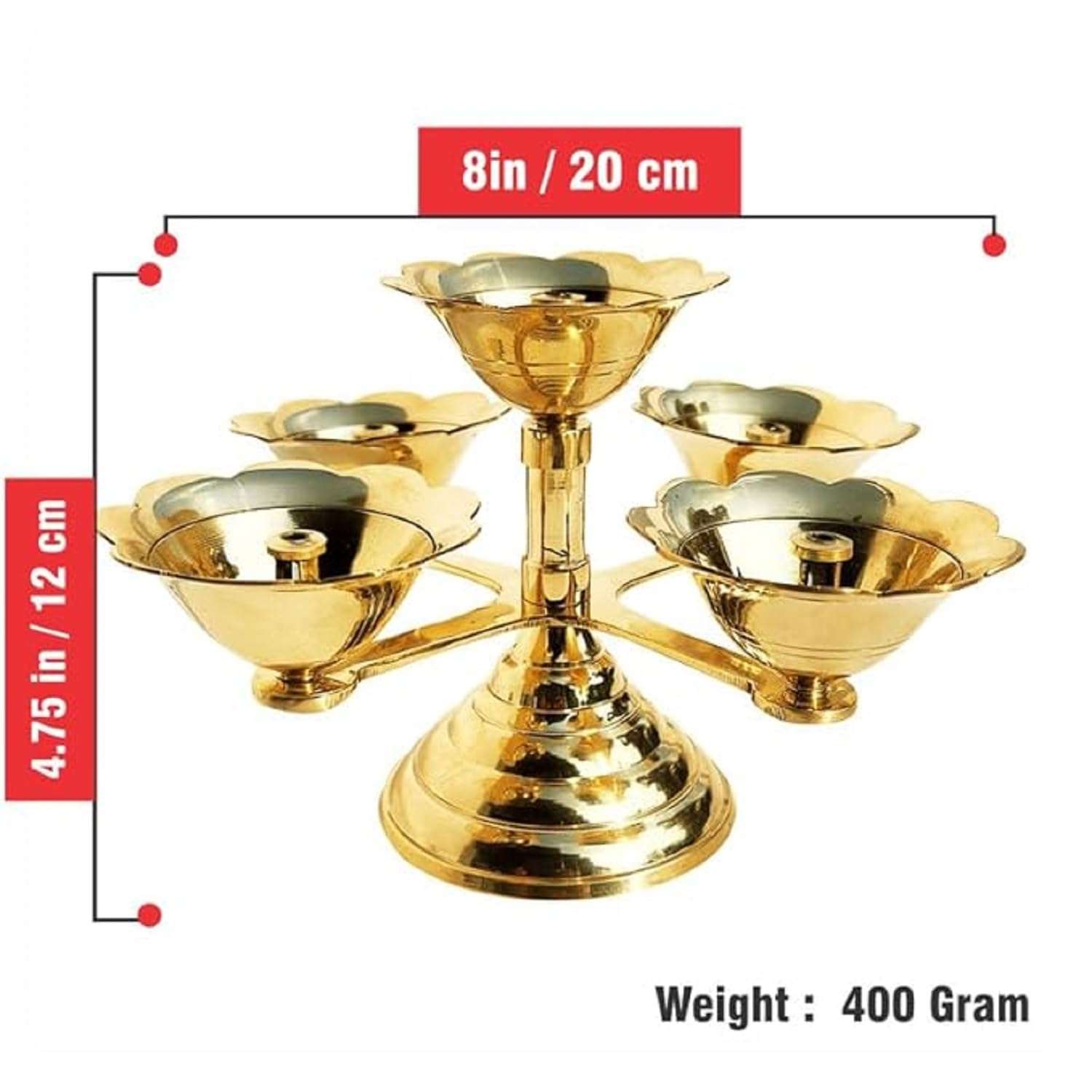 Pure Source India Pure Brass 5 Faced Ethnic Panchadeep | Bhadradeepam /Lamp/Akhand Diya for Mandir, Pooja Room,Diwali Gift Decorative Item for Home Decor (8 INCH. Gold 1PCS ) 400 GM 4