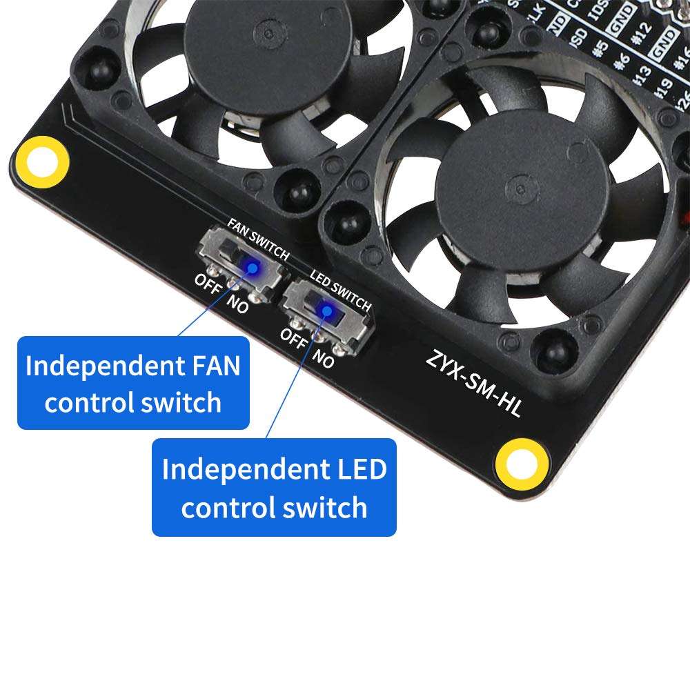 Raspberry Pi Fan 4B Dual Cooling Fans and Automatic Discoloration LED, Raspberry Pi GPIO Expansion Board for Raspberry Pi 4B / 3B+ / 3B / 3A+ 5