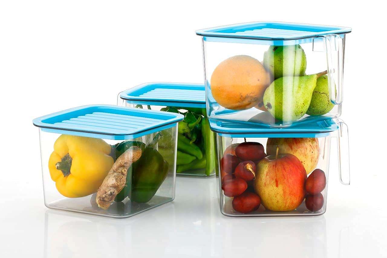 SimpleTec Pack of 3 Multipurpose Fridge storage containers & jar Set Plastic Refrigerator Box with Handles and Airtight Lid Unbreakable kitchen storage Vegetable, Food, Fruits Basket - ,1100 ml 3