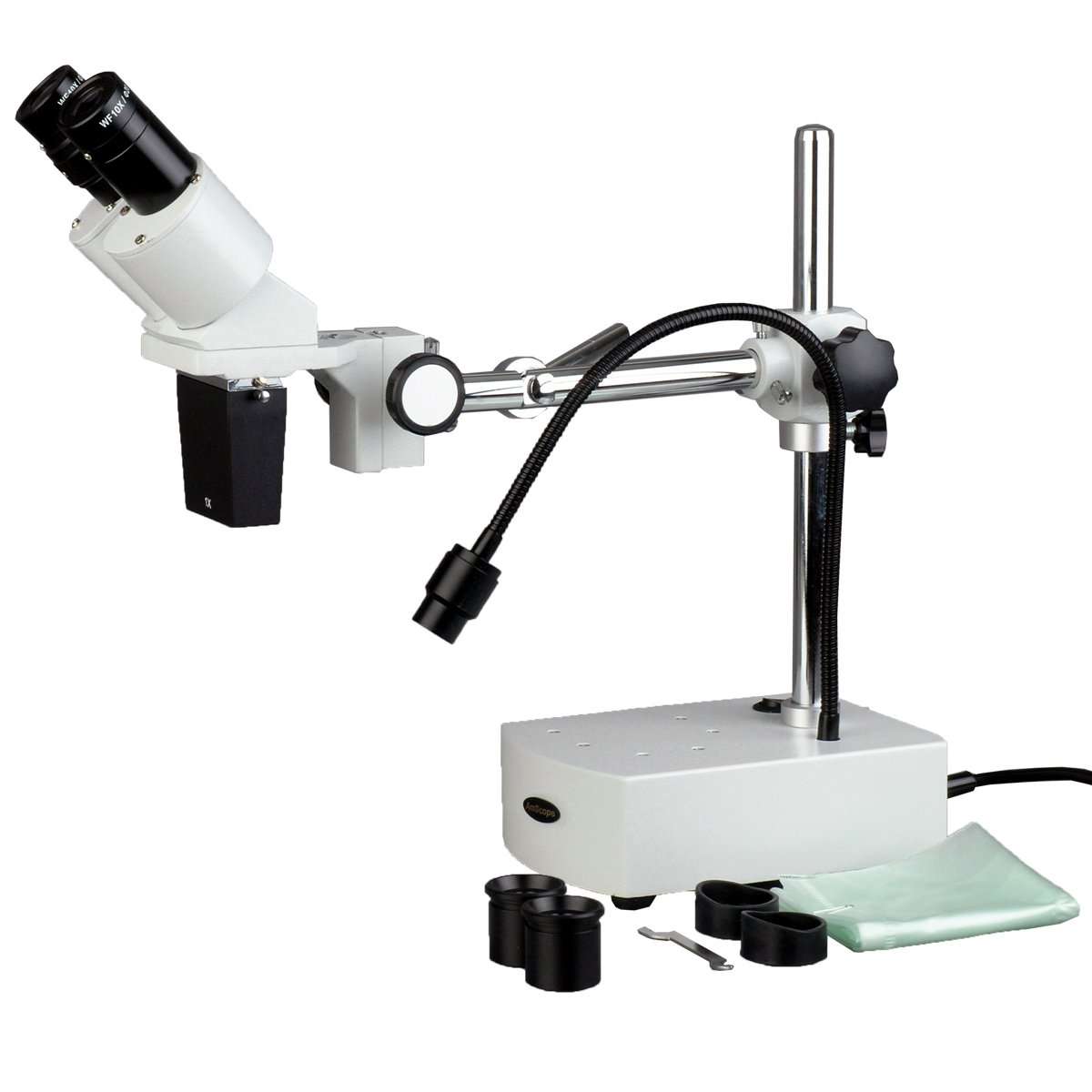 AmScope SE400X Professional Binocular Stereo Microscope, WF5x and WF10x Eyepieces, 5X and 10X Magnification, 1X Objective, LED Lighting, Boom-Arm Stand, 110V-120V 1