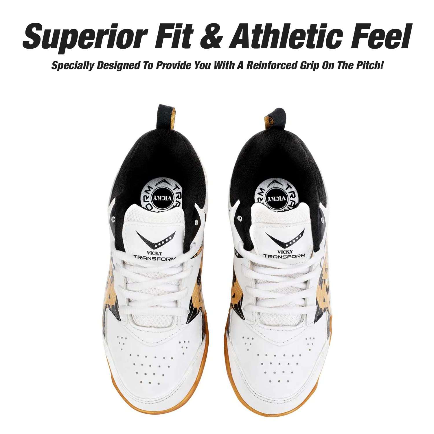 Vicky Transform Player Cricket Shoes Lightweight Sneakers with Anti Slip Sole Design Ideal for Running, Camping, Gyming (UK-8, Golden/White) 3