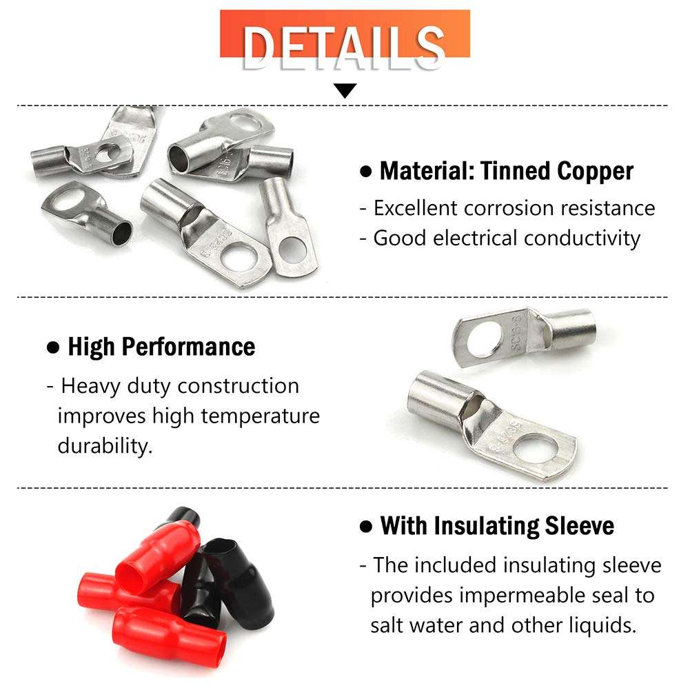 FIXITOK 240pcs Tinned Copper Eyelets Tubular SC Ring Terminals Assorted Kit with Insulating Sleeve, Marine Grade Heavy Duty Wire Lugs Battery Cable Ends Connectors (SC6-6/8 10-6/8 16-6/8 25-6/8) 3