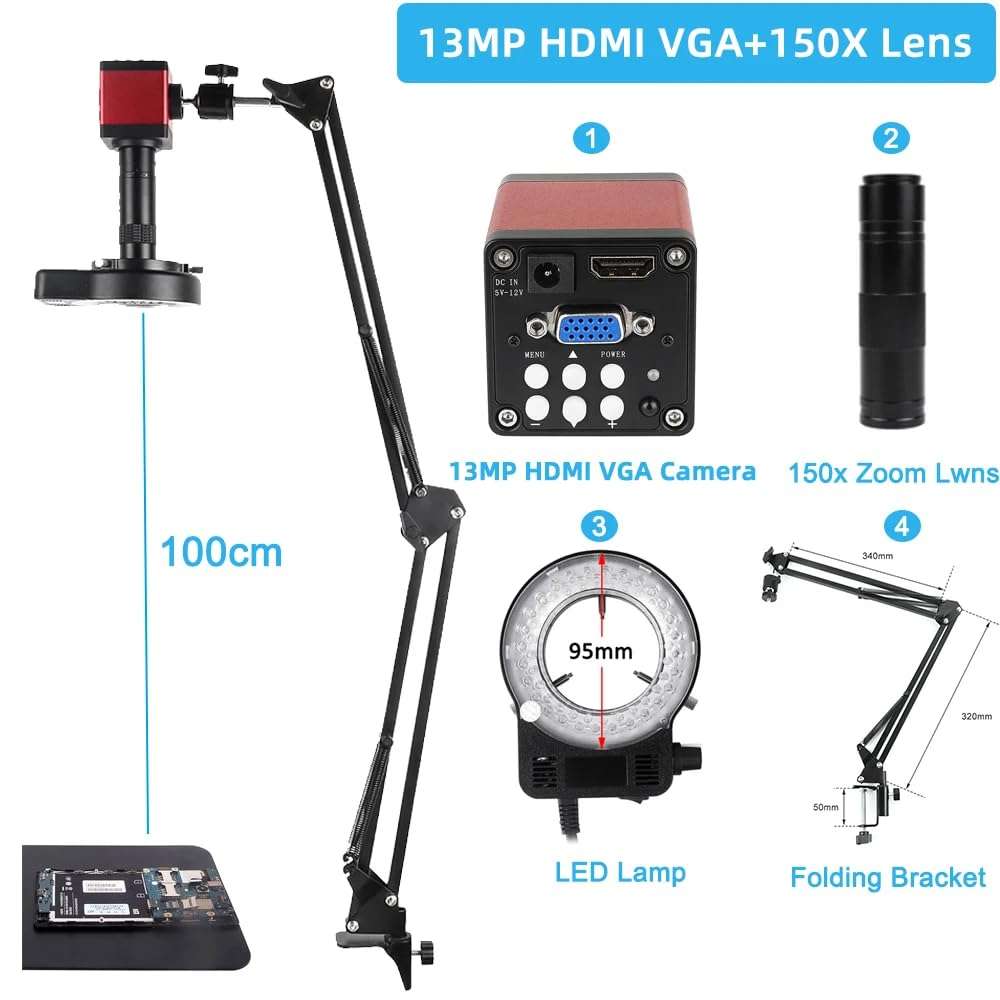 13MP VGA 1080P HDMI USB Industrial Video Microscope Camera 1-150X Zoom C Mount Lens Remote Control for Digital Image Acquisition 3