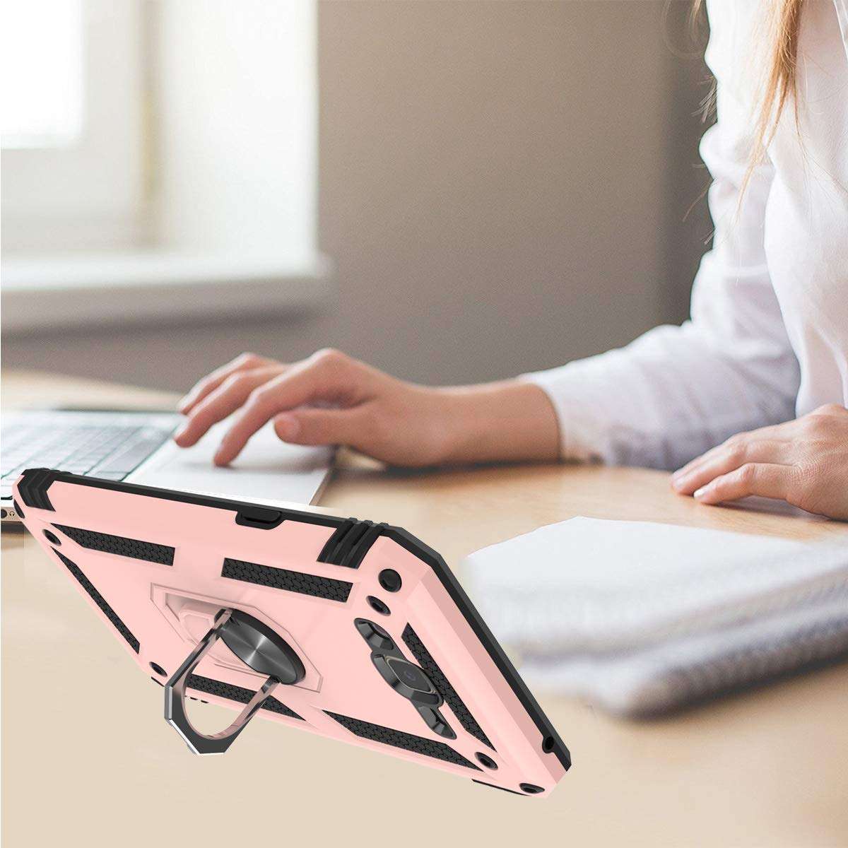 StarLodes Compatible for Samsung Galaxy J7 2015 Case,J7 Neo,J7 Core,J7 Nxt Phone Case,[HD Screen Protector] Heavy Duty Shockproof Protective Cover with Ring Kickstand for Magnetic Car Mount-Rose Gold 5