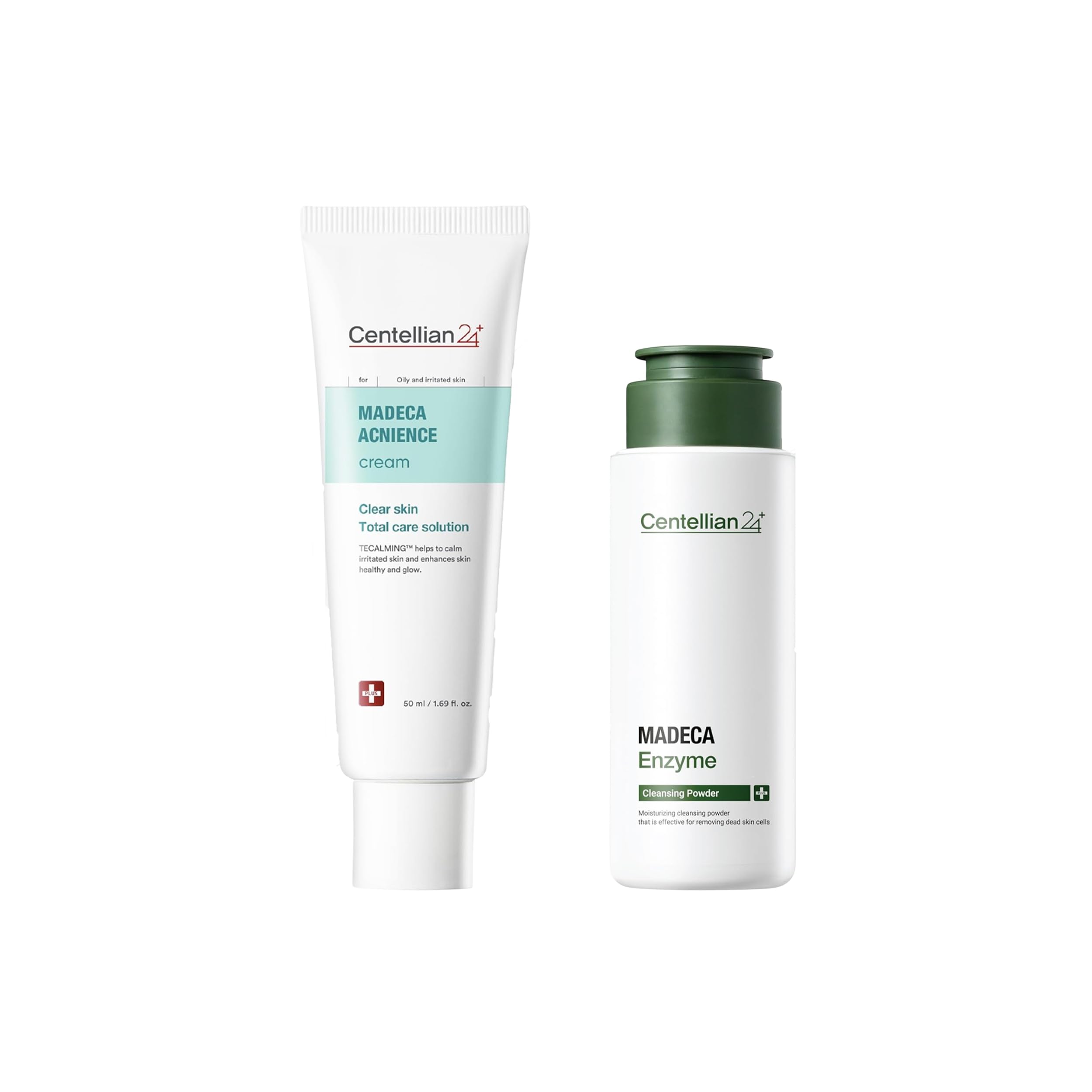 CENTELLIAN 24 Madeca Enzyme Cleansing Powder (2.03fl oz) + Acnience Cream (1.69fl oz) - Exfoliating Cleanser & Hydrating Blemish Cream, Reduces Oil, Balances Moisture, with TECA & Centella Extract